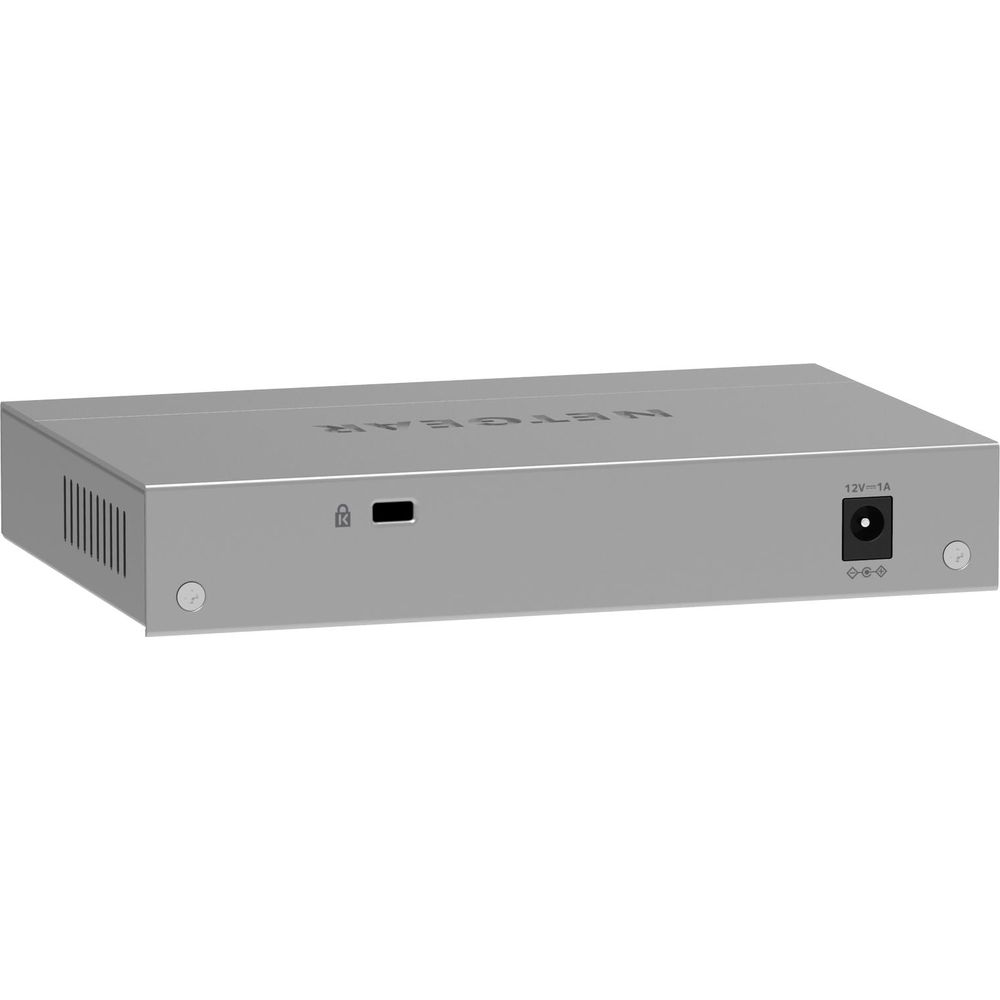 Dispositivo Netgear argentato con prese d'aria e porte.