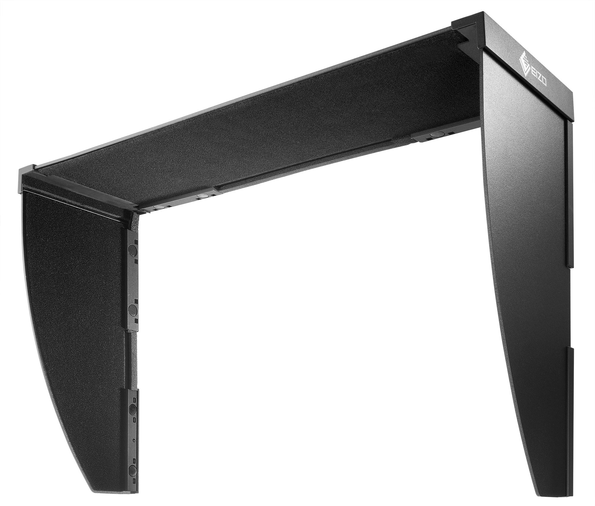 Ein schwarzer Monitorblendschutz mit EIZO-Logo, auf weißem Hintergrund.
