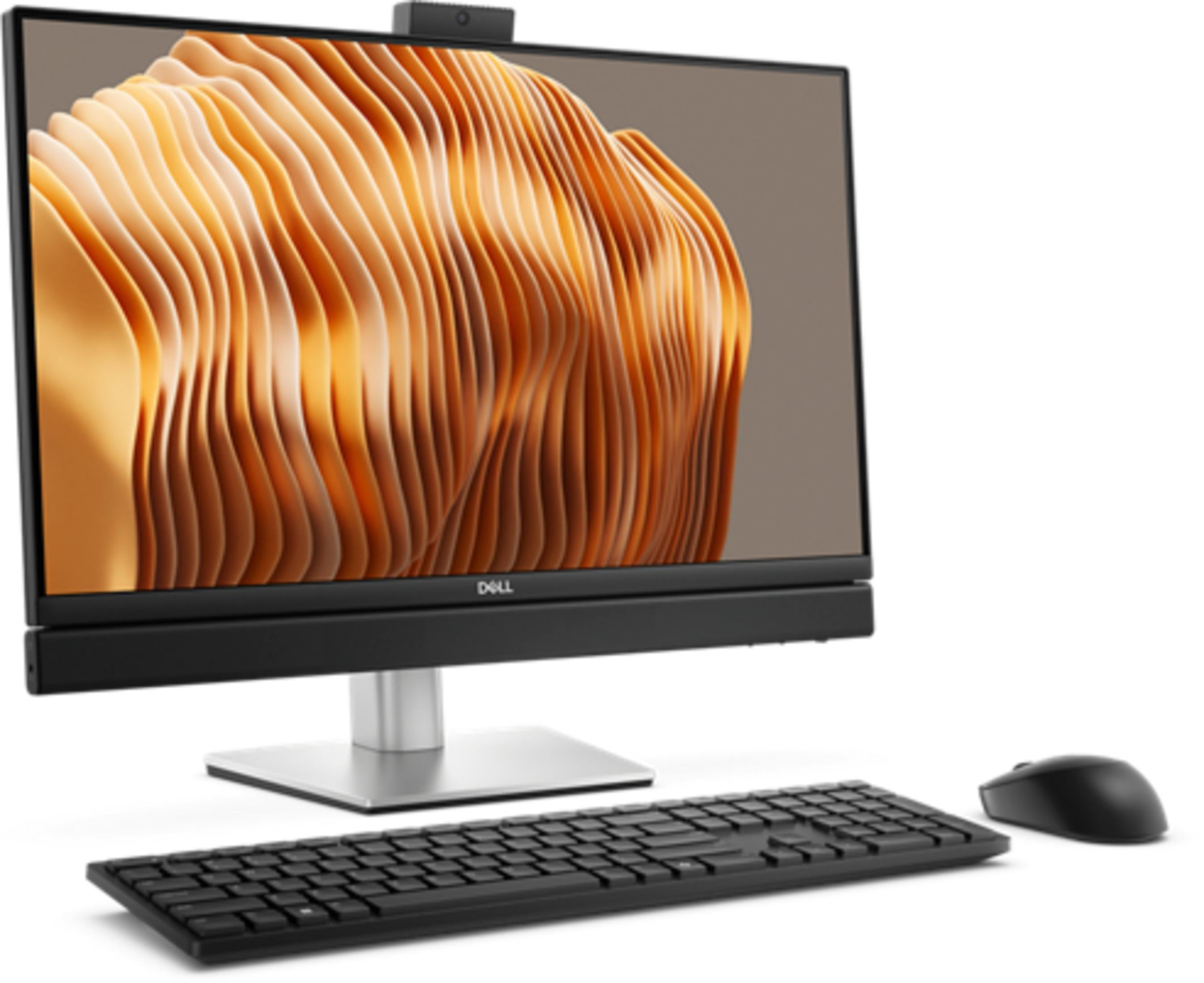 Un computer Dell all-in-one con tastiera e mouse su sfondo bianco.