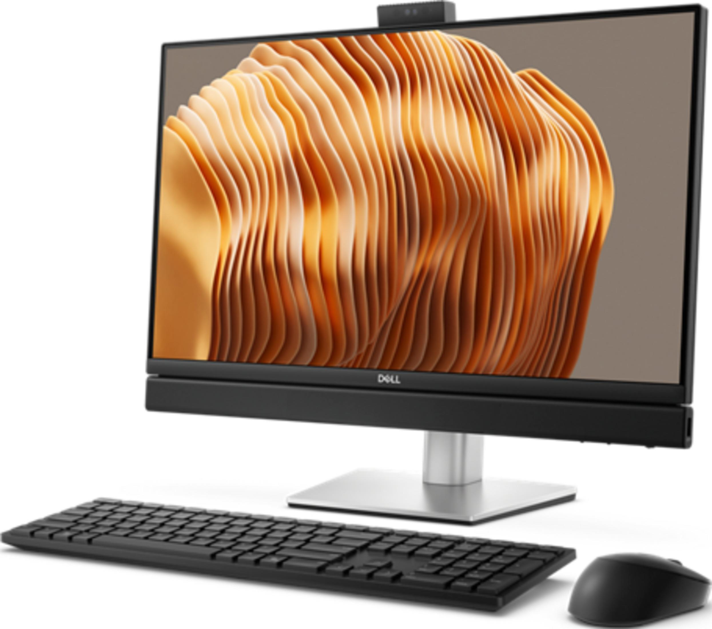Un computer all-in-one Dell con tastiera e mouse su sfondo bianco.