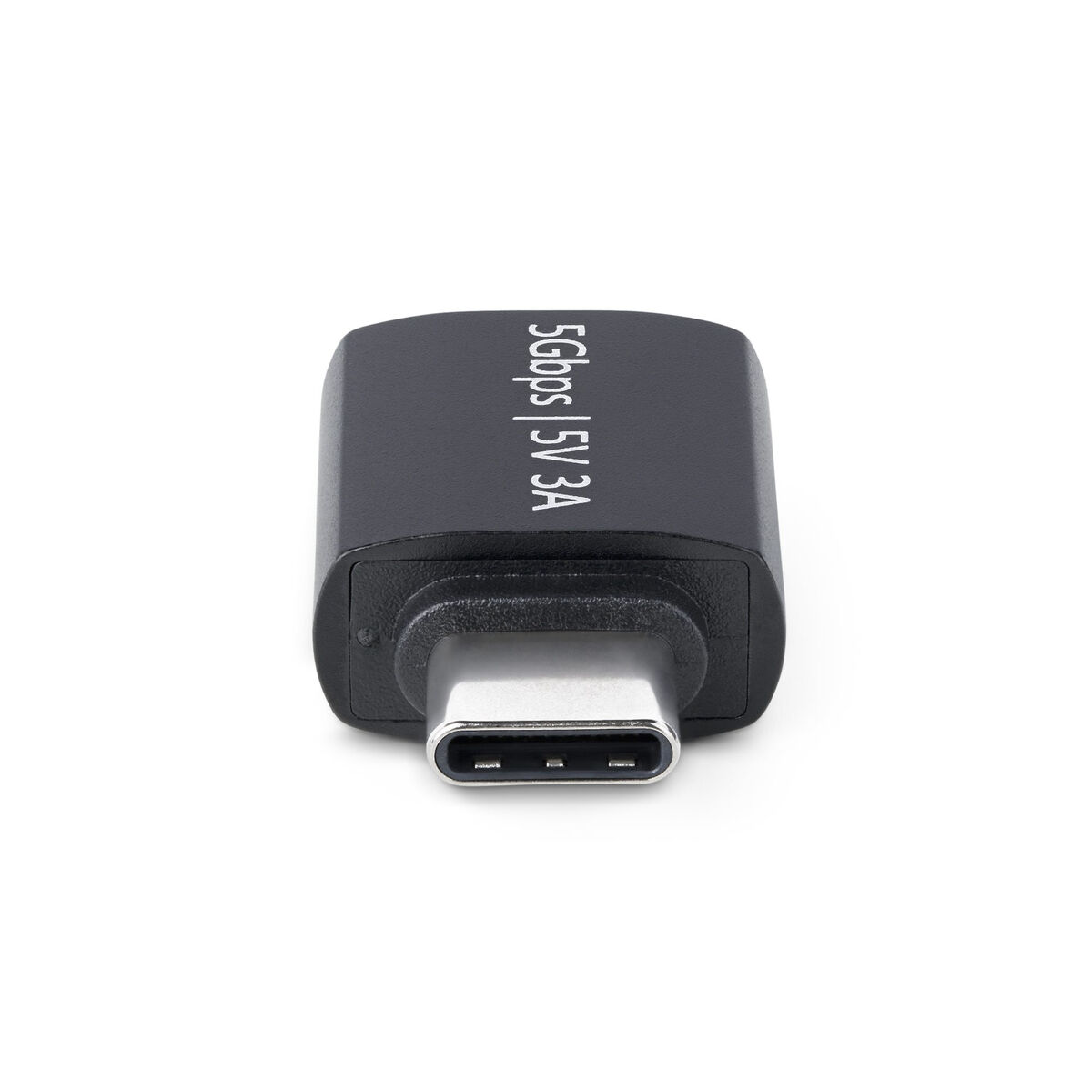 Ein schwarzer USB-C-Adapter mit 5 Gbps und 5 V 3 A Beschriftung.