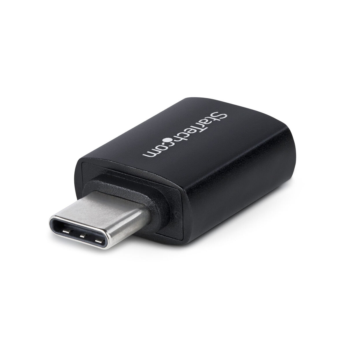 Schwarzer USB-C-Adapter mit silbernem Stecker, weißem StarTech.com Logo.