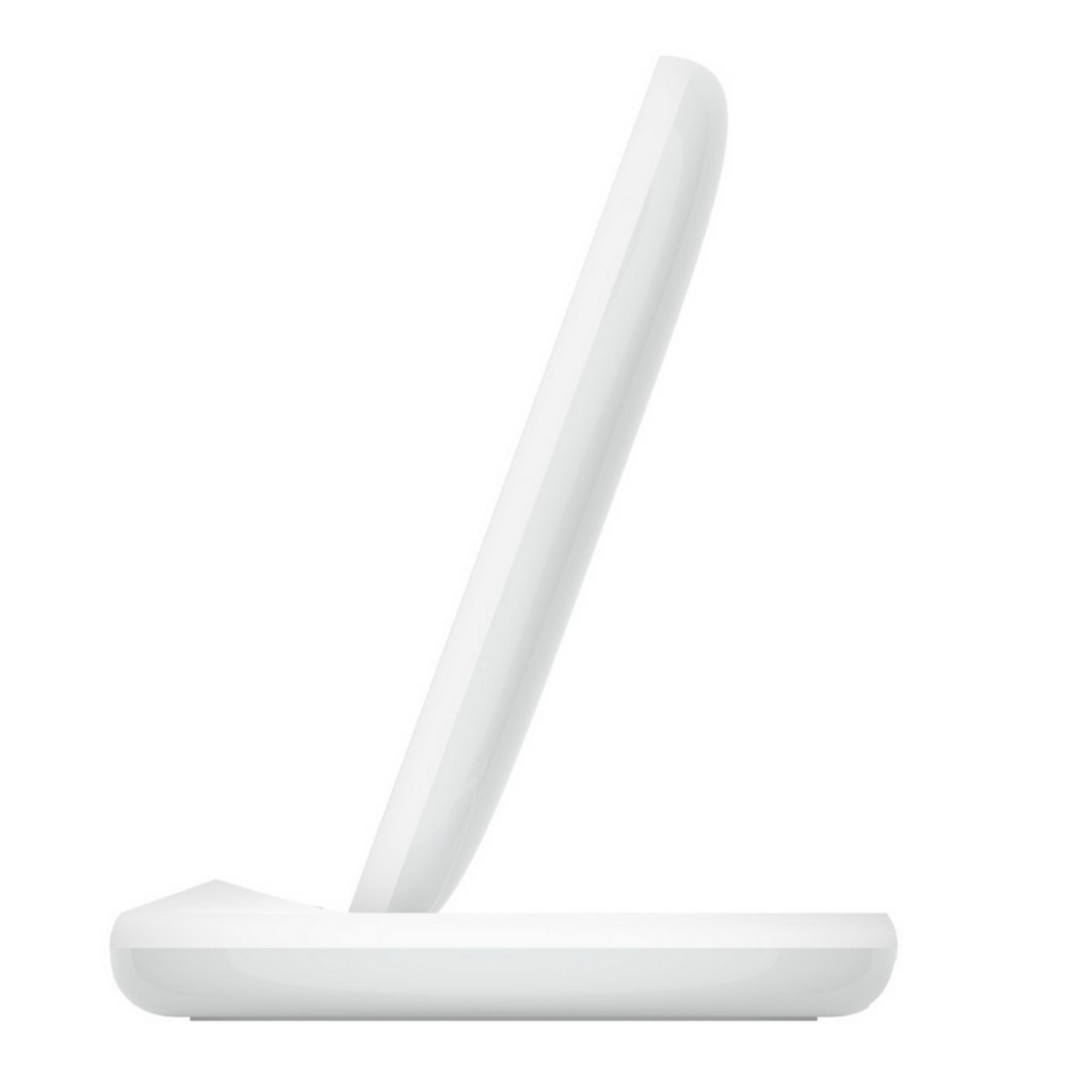 Un soporte de carga blanco y elegante sobre fondo blanco.