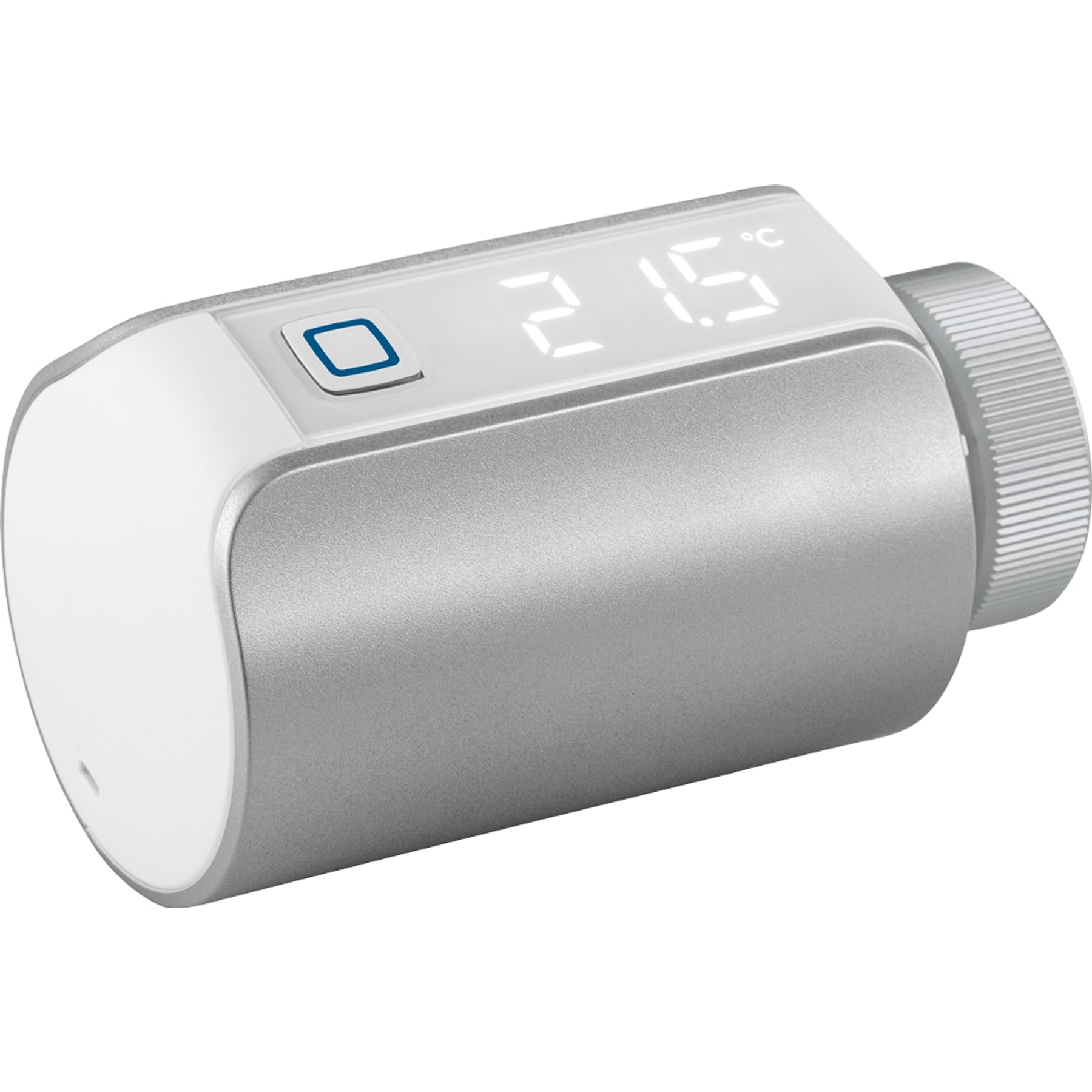 Ein silberner Thermostat mit digitaler Anzeige von 21,5°C und einem blauen Knopf.
