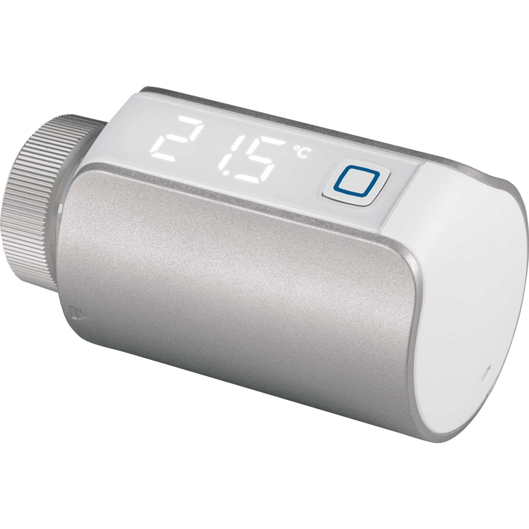 Ein silberner Thermostat mit digitaler Anzeige von 21.5 Grad Celsius.