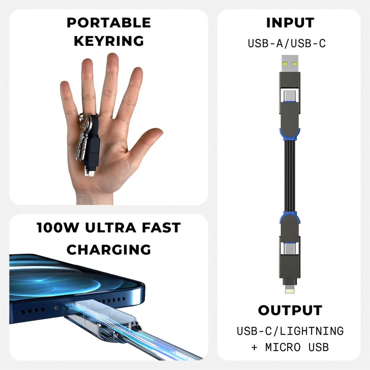 Schlüssels z.B. für USB-A/USB-C und Ladegerät für 100W Ladeleistung.