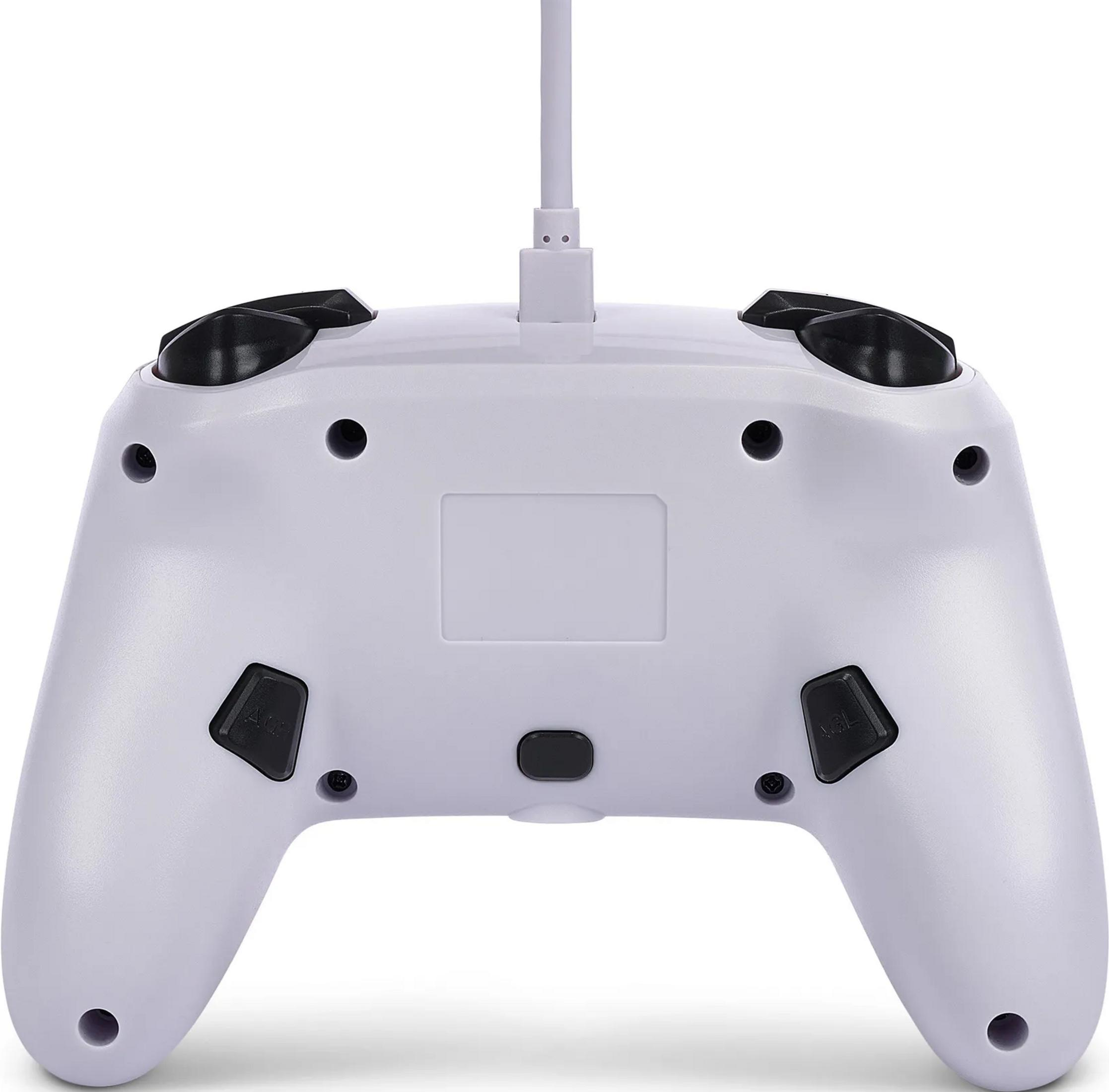 Il retro di un controller da gioco bianco con pulsanti neri e un cavo.