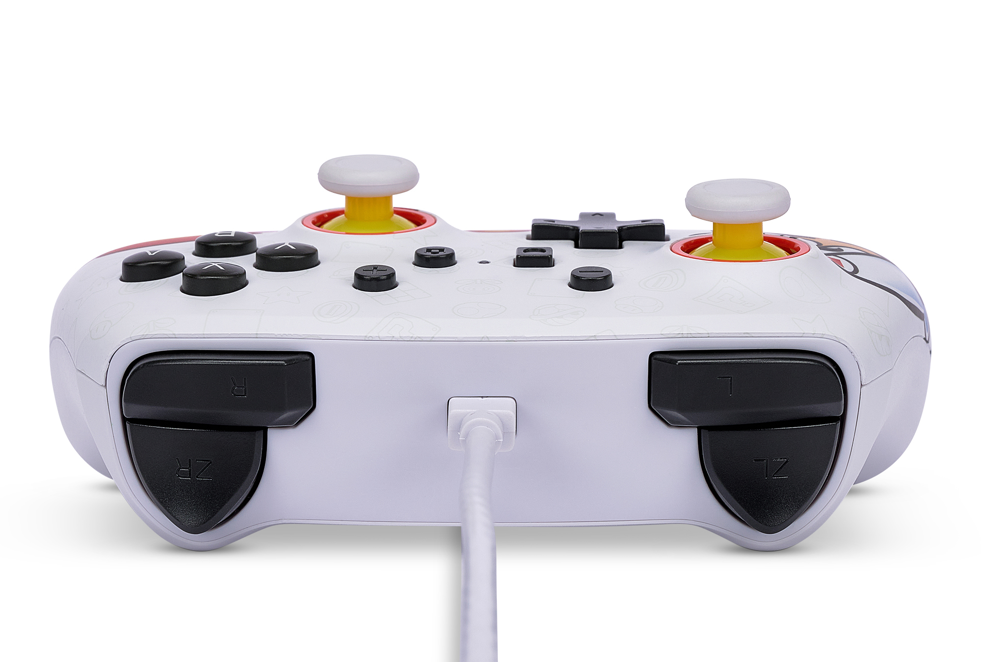Un controller di gioco bianco con motivi di Mario e un cavo USB bianco.
