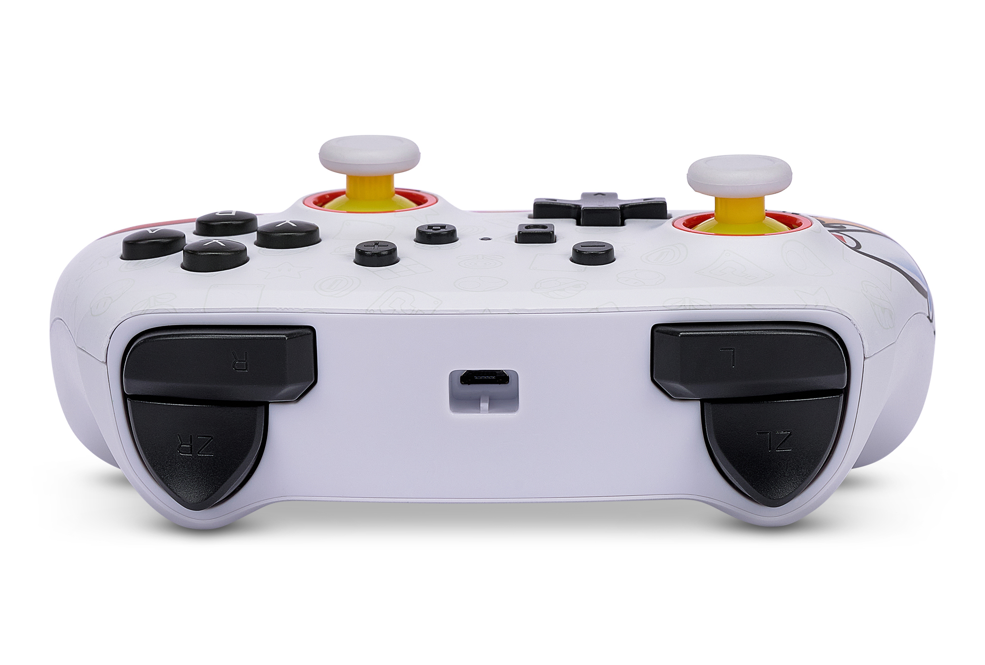 Un controller Nintendo bianco con grafica Mario, pulsanti neri e accenti gialli.