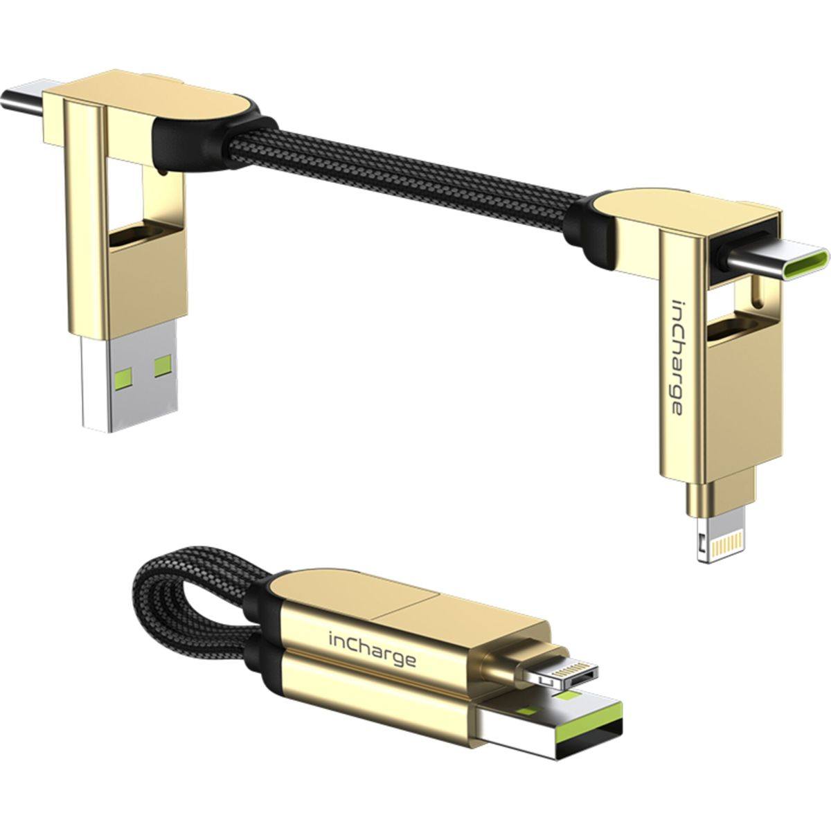 Goldener Ladekabeladapter mit USB-, USB-C- und Lightning-Anschlüssen.