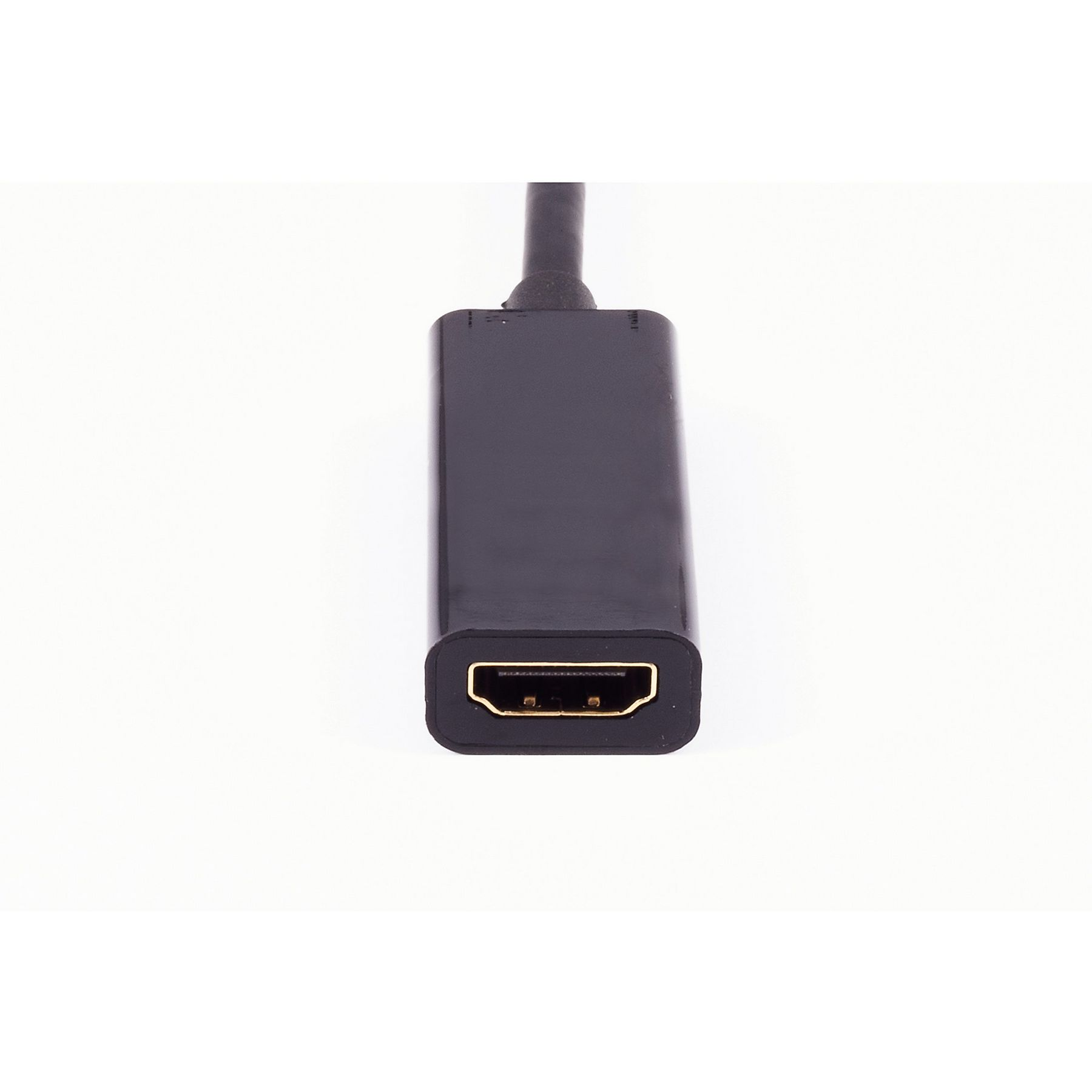 Ein schwarzer HDMI-Adapter mit goldenen Kontakten auf weißem Hintergrund.