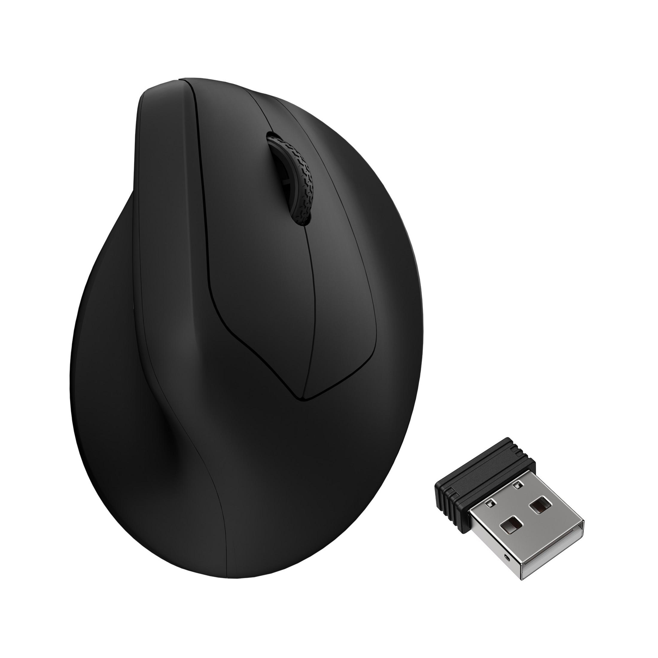 Mouse verticale nero e ricevitore USB su sfondo bianco.