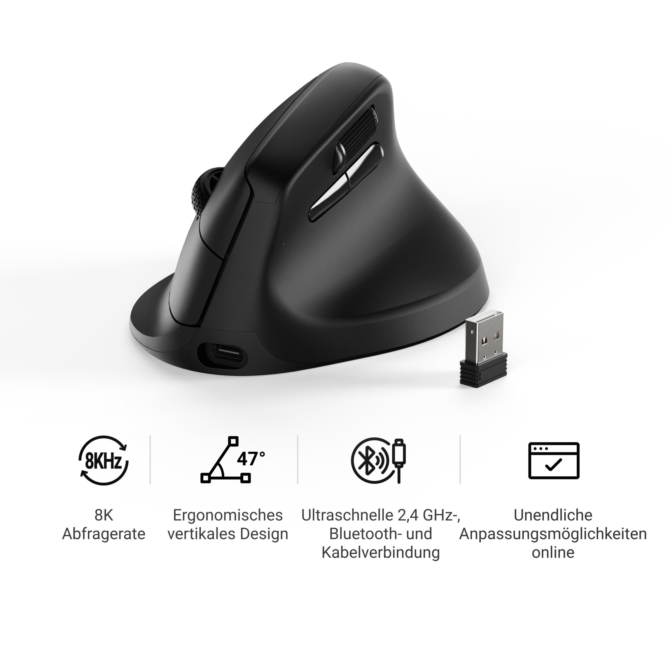 Mouse verticale nero con dongle USB, icone per 8K, 47°, 2,4 GHz, Bluetooth e personalizzazione.