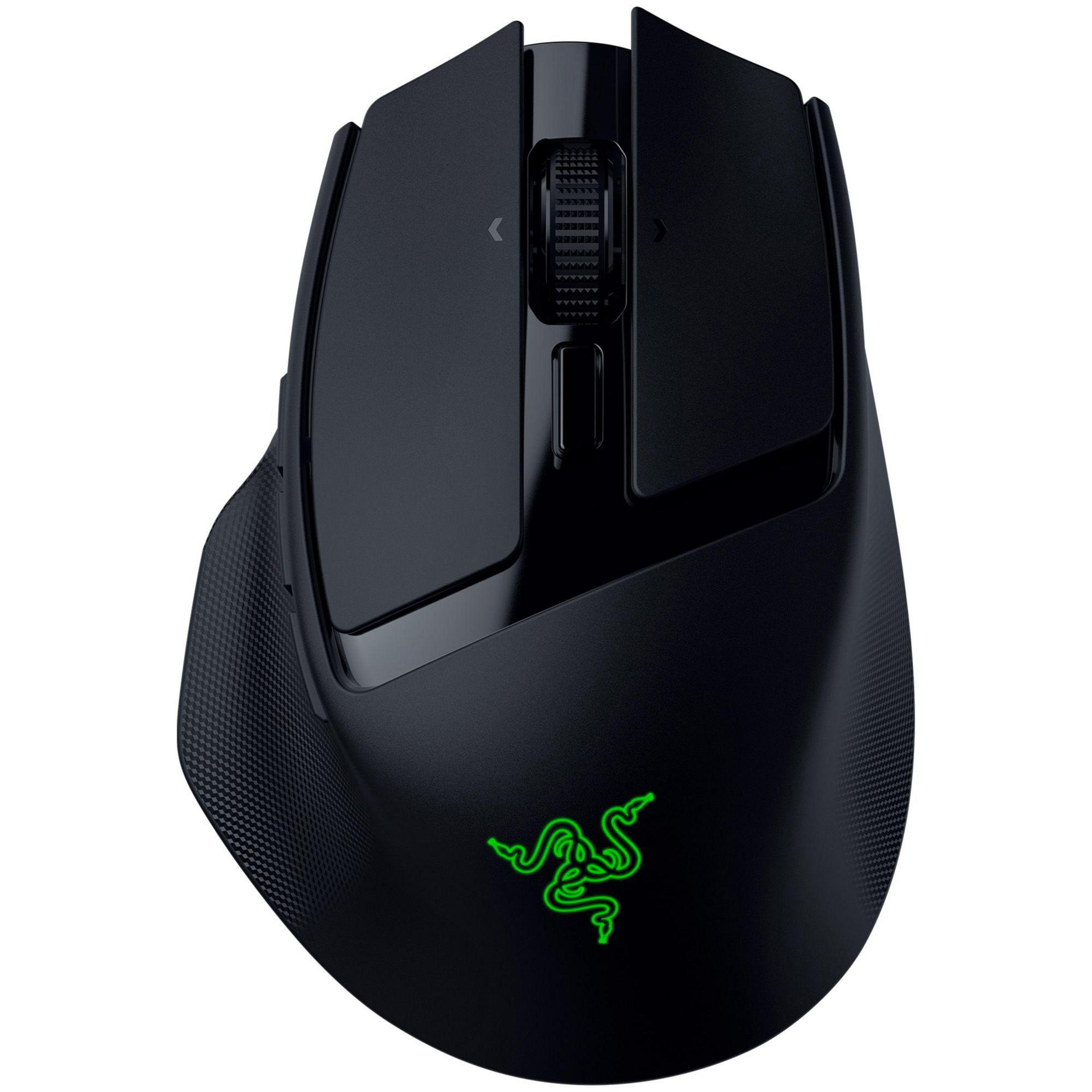 Mouse da gaming nero con logo verde brillante e impugnature testurizzate.