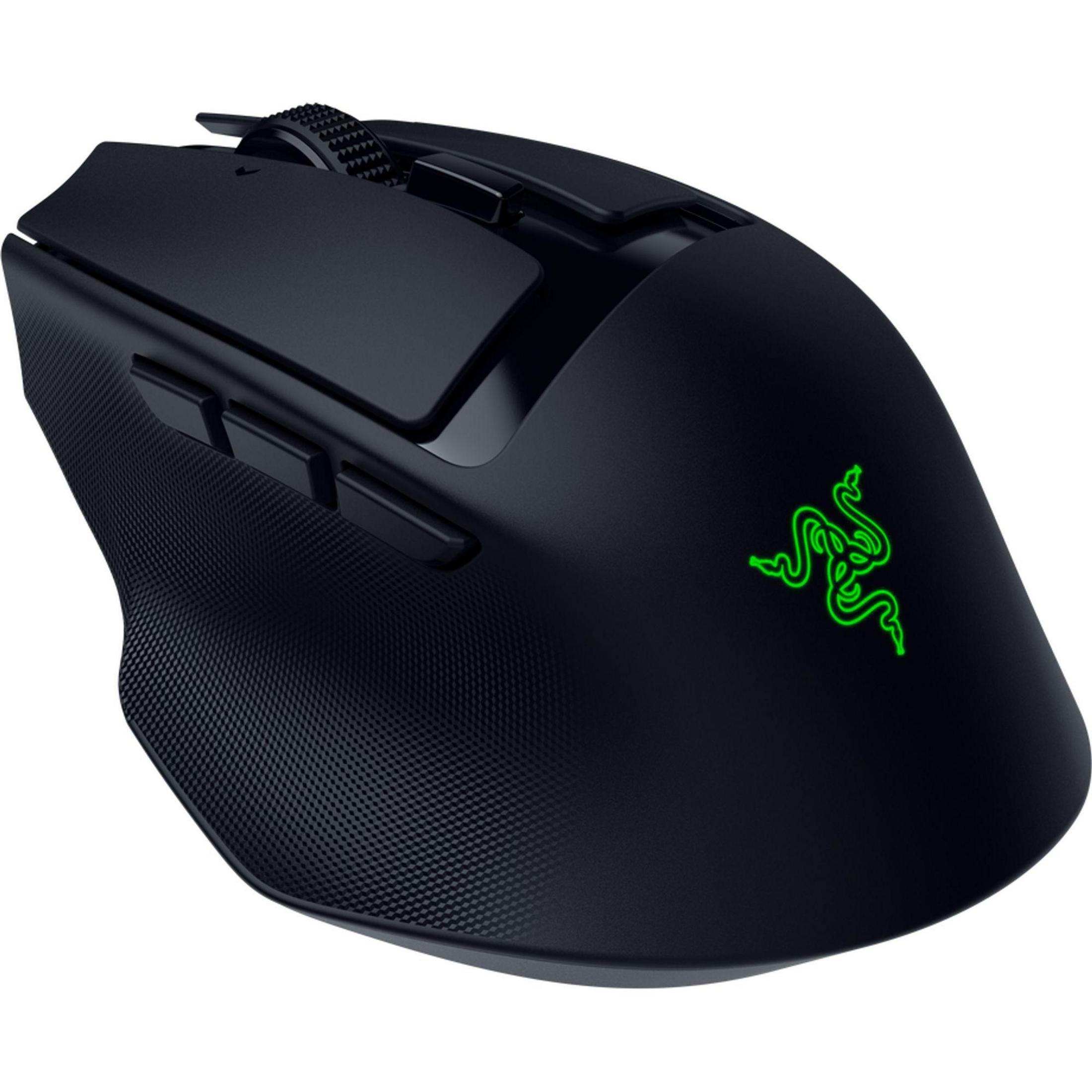 Un mouse Razer wireless nero con logo verde su sfondo bianco.