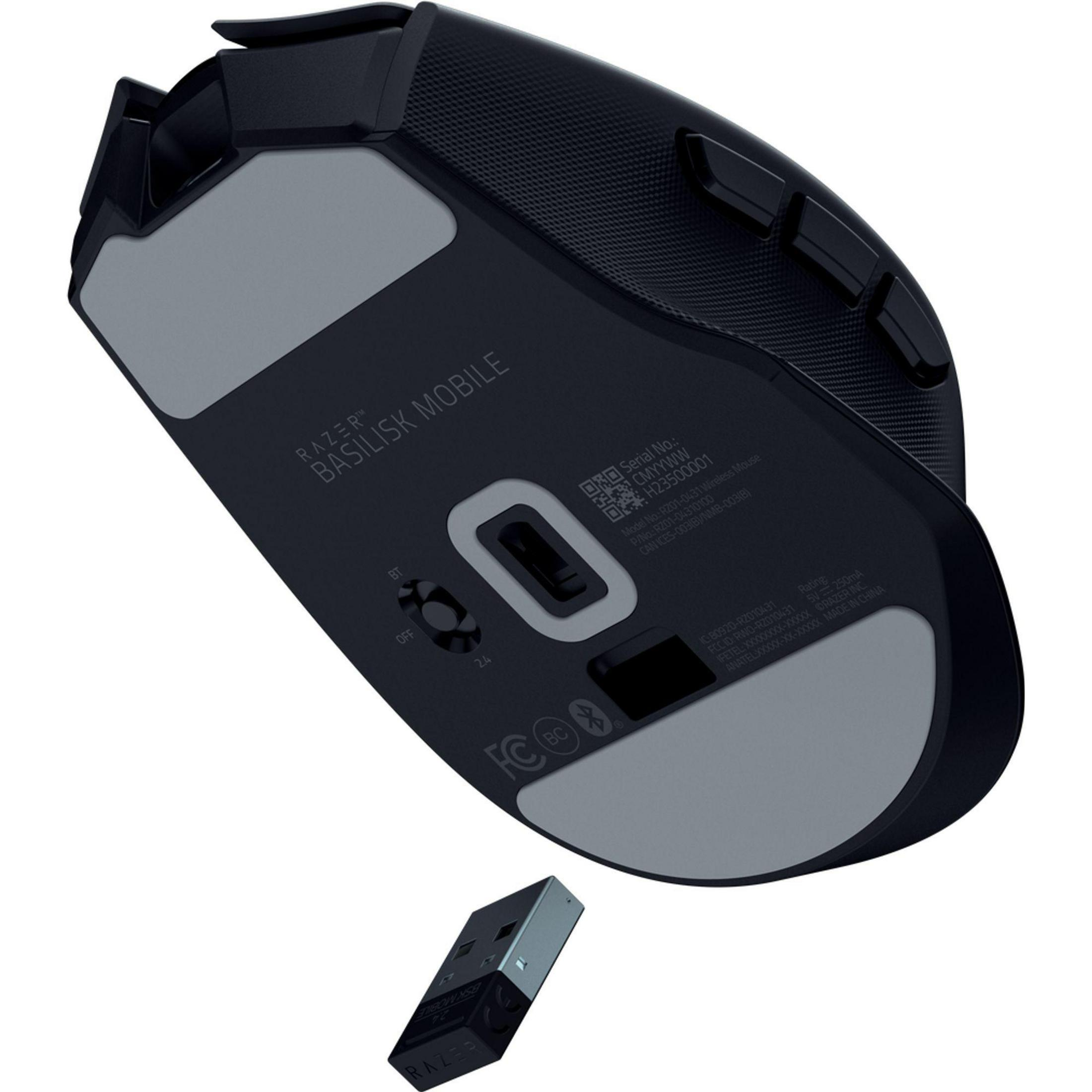 Mouse nero Razer Basilisk Mobile con dongle USB accanto.