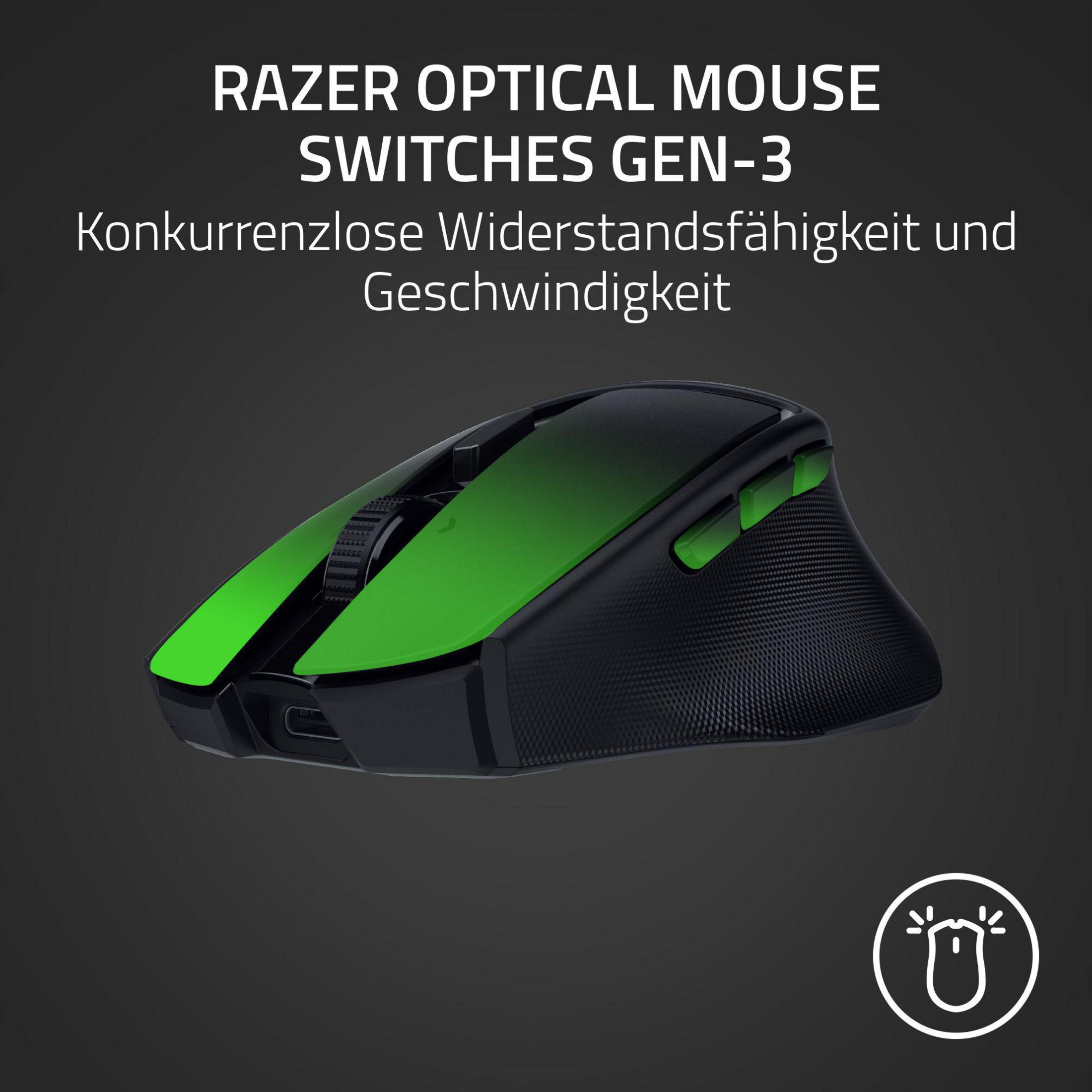 Mouse da gaming Razer nero con accenti verdi e testo.