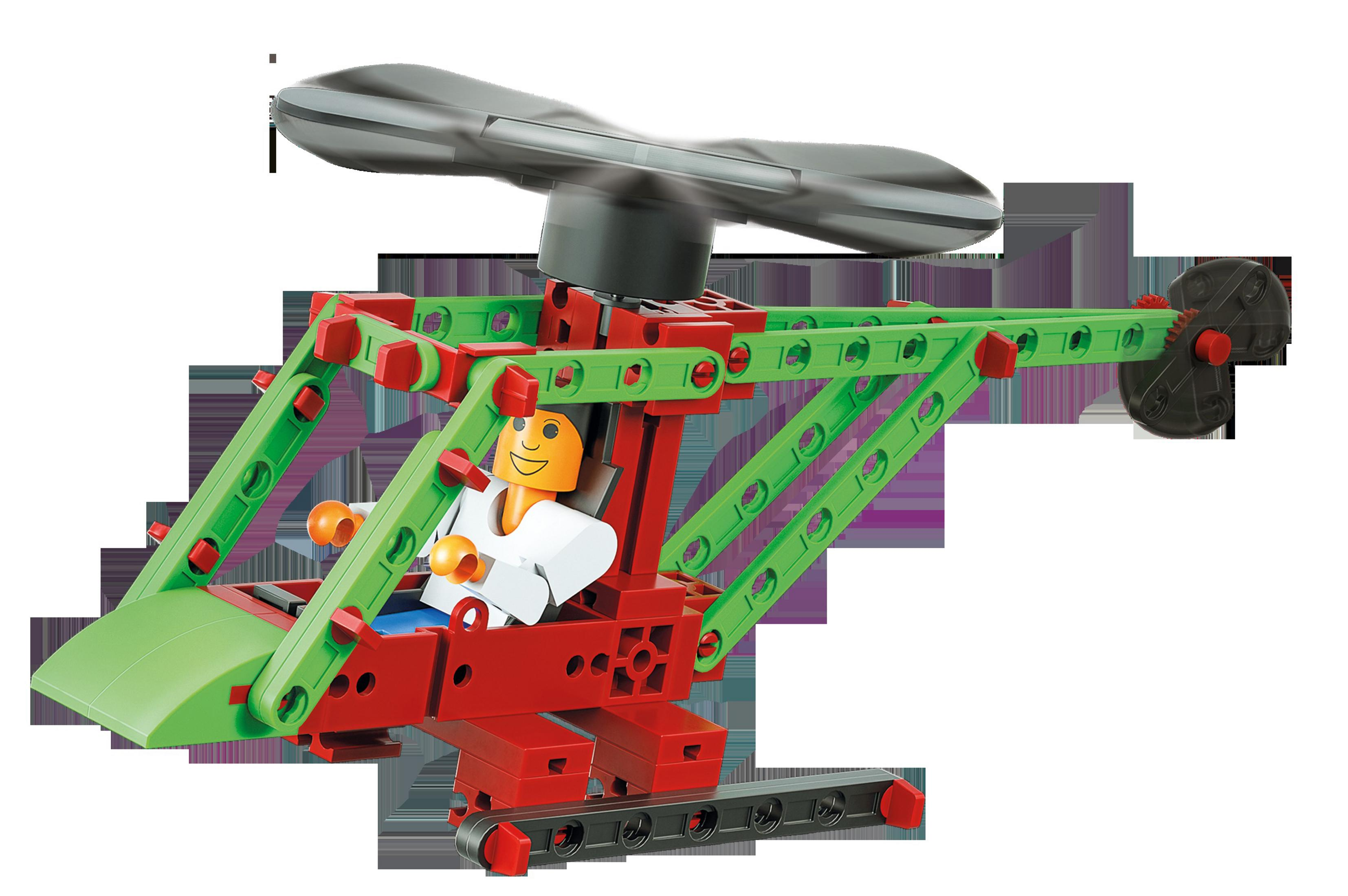 Ein Spielzeughubschrauber aus roten und grünen Bausteinen mit einer Figur.