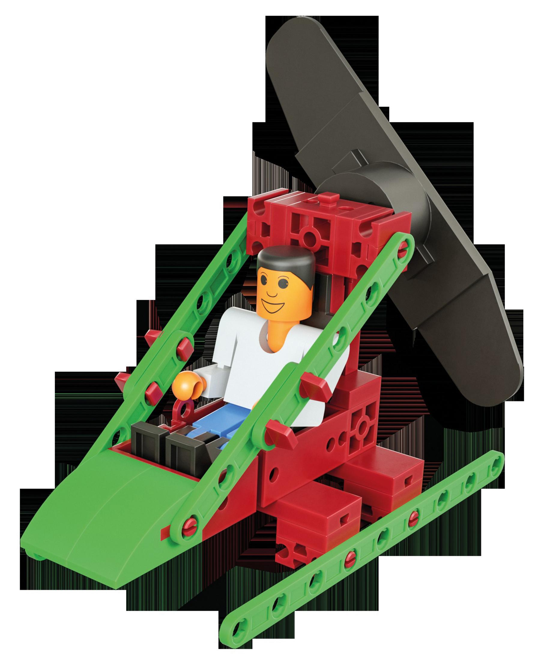 Ein Spielzeughubschrauber aus roten und grünen Plastiksteinen mit einer lächelnden Figur darin.