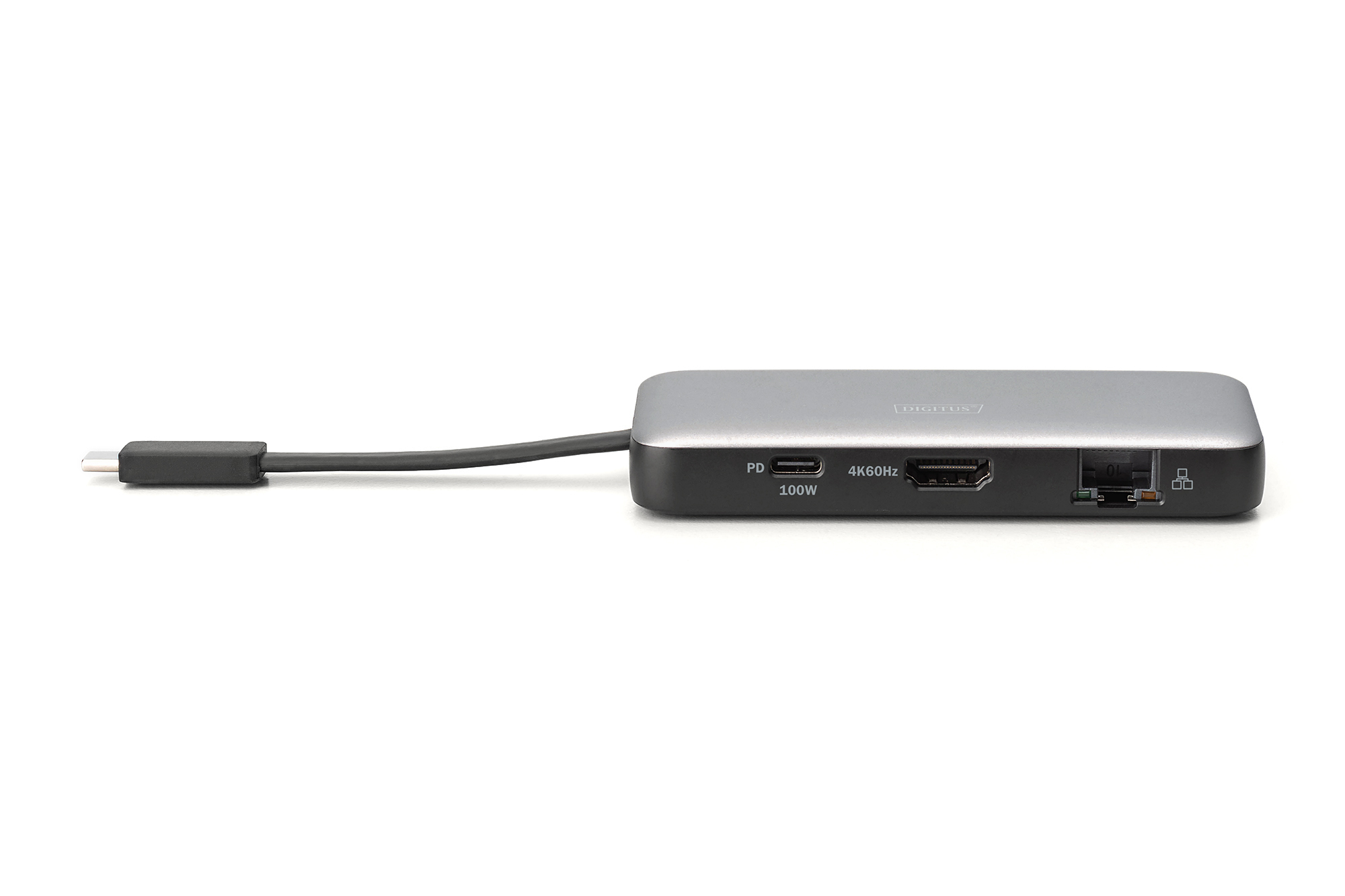 Silberne USB-C-Dockingstation mit PD, 100W, 4K60Hz HDMI, Ethernet-Anschlüssen und Kabel.