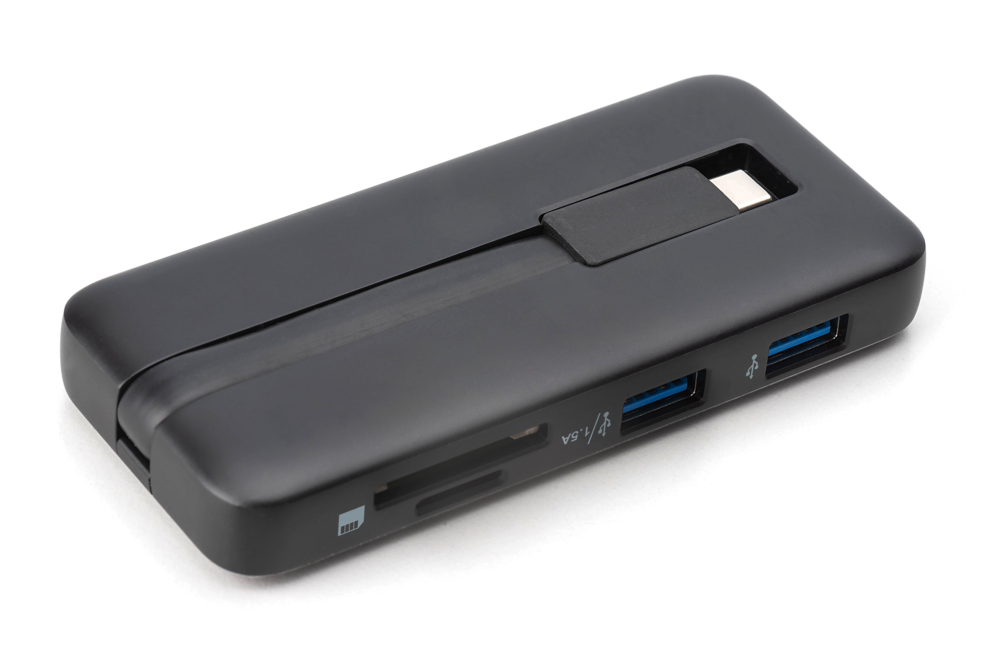 Schwarzer USB-C-Hub mit SD-Kartensteckplatz und zwei USB-Anschlüssen.