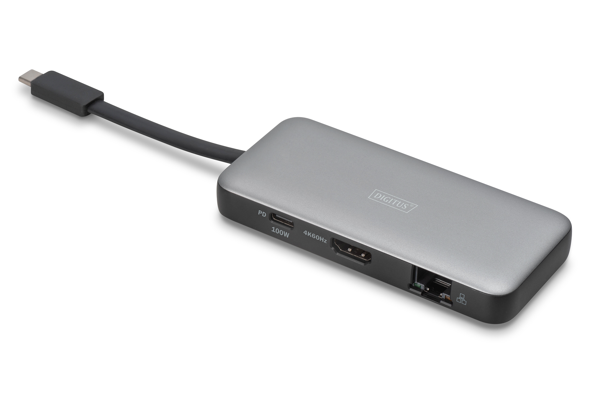 Grauer USB-C-Hub mit HDMI-, LAN- und PD-Anschlüssen.