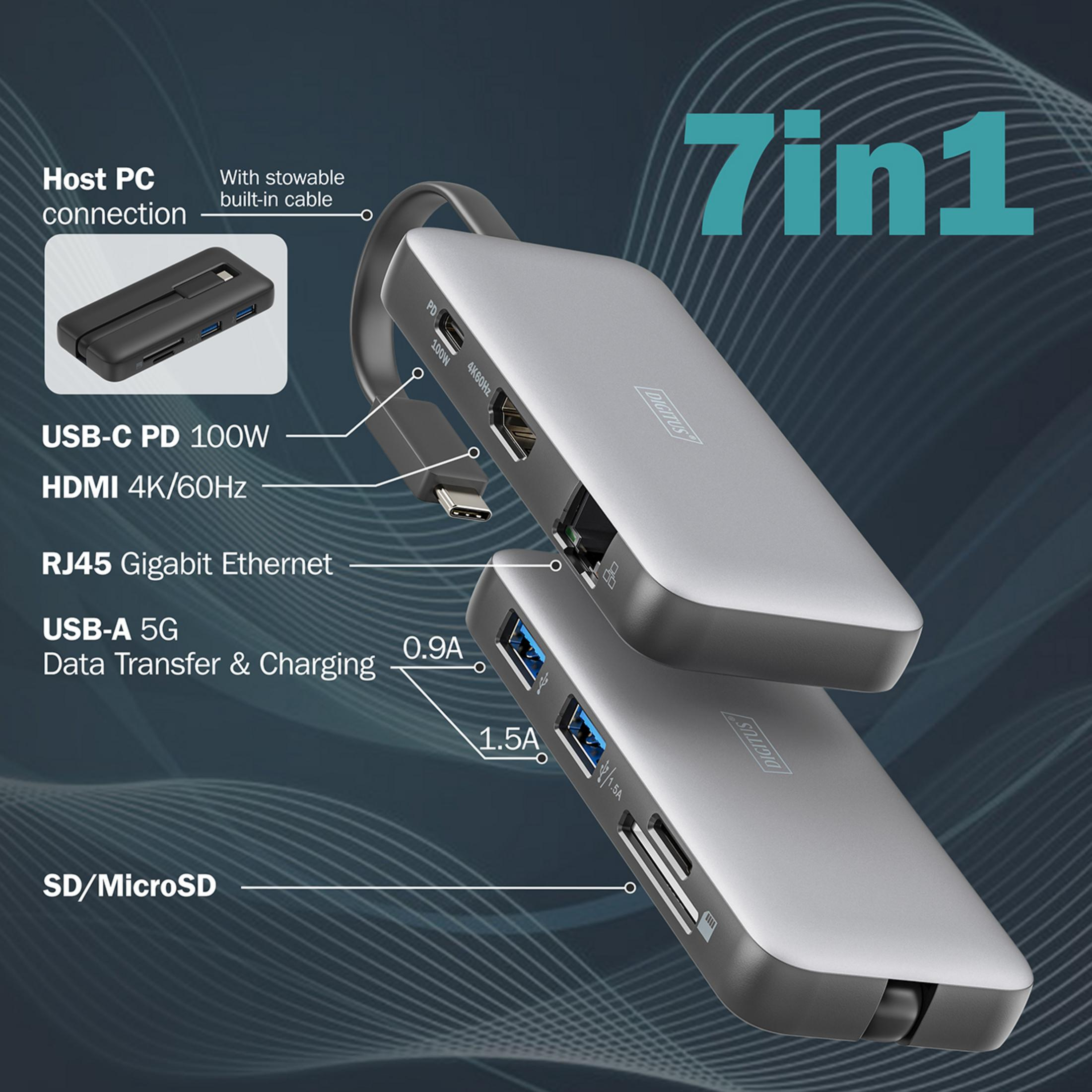 Ein silberner 7-in-1 USB-C-Hub mit verschiedenen Anschlüssen: PD, HDMI, RJ45, USB-A, SD/MicroSD.