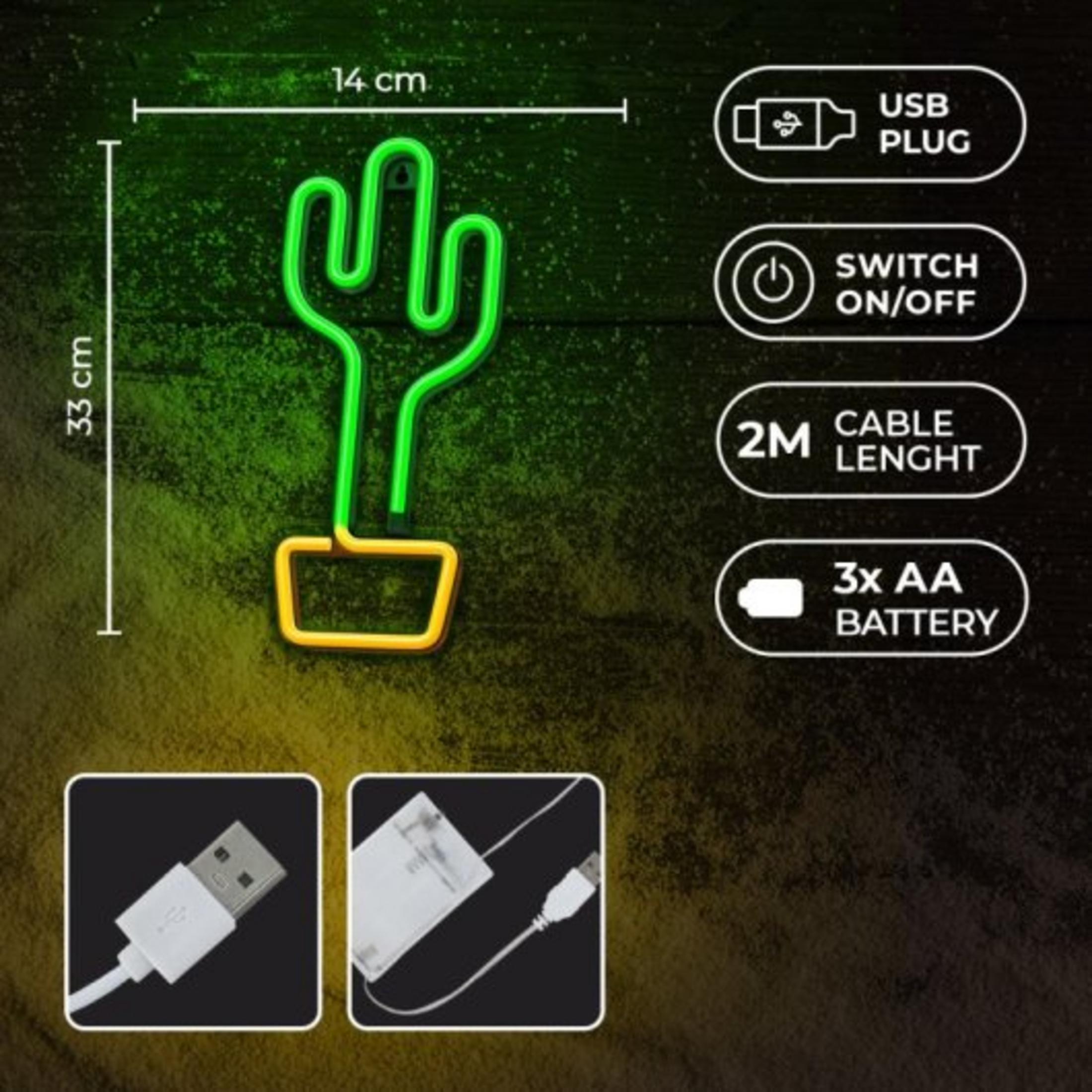 Grüne Kaktus-Neonlampe, 33x14 cm, mit USB-Stecker, Schalter, 2m Kabel.