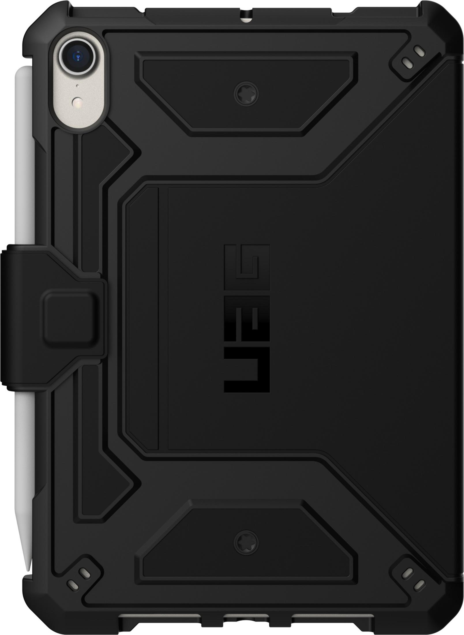 Schwarzes Tabletcase mit Kameraaussparung und UAG-Logo. Stift an der Seite.