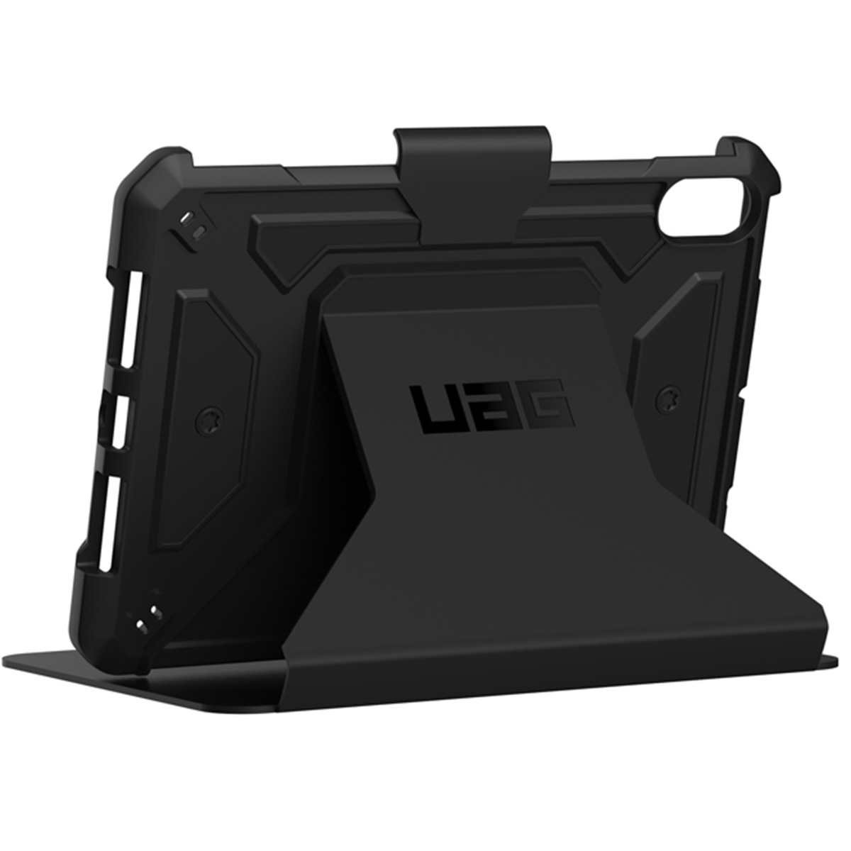 Schwarze Tablet-Hülle mit Ständer und UAG-Logo, aufrecht stehend auf weißem Hintergrund.