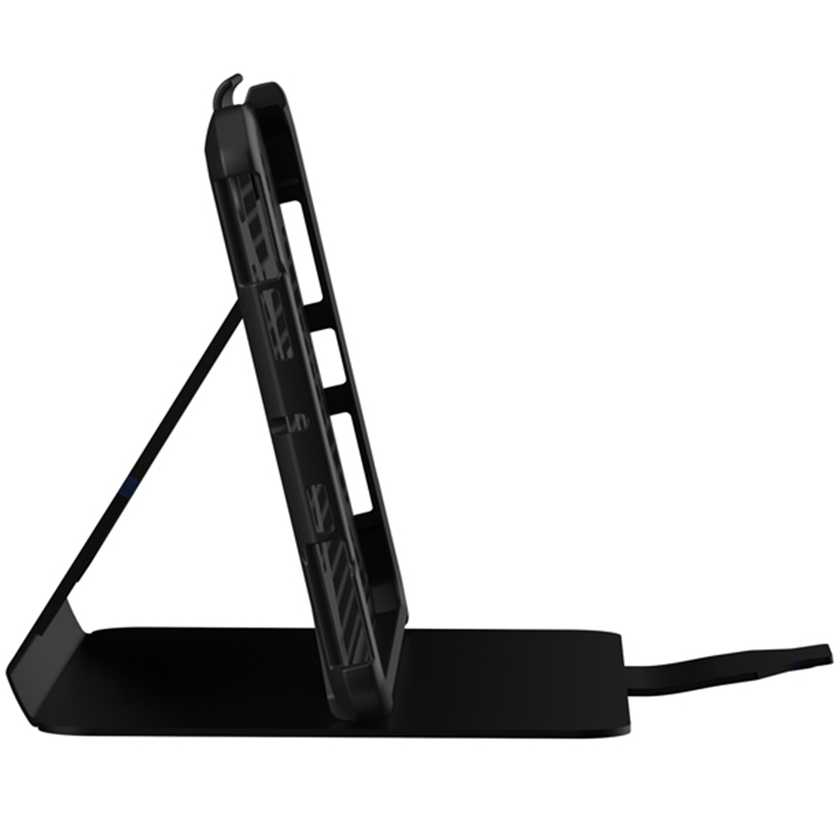 Schwarzes Tabletgehäuse mit Ständer, das sich auf einer weißen Fläche befindet.