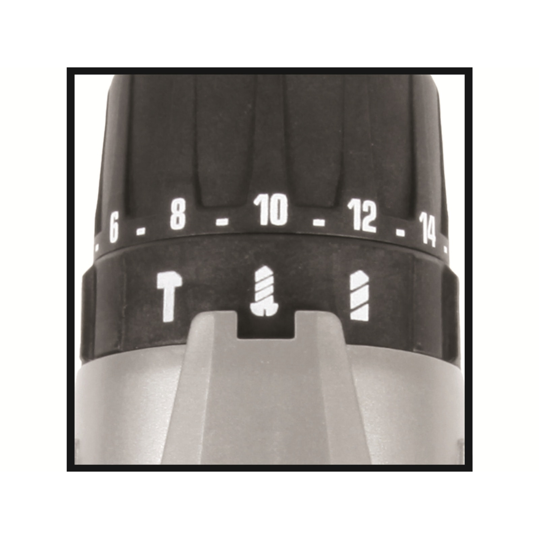 Anillo de ajuste de taladro con números 6-14 y símbolos para taladrar y atornillar.