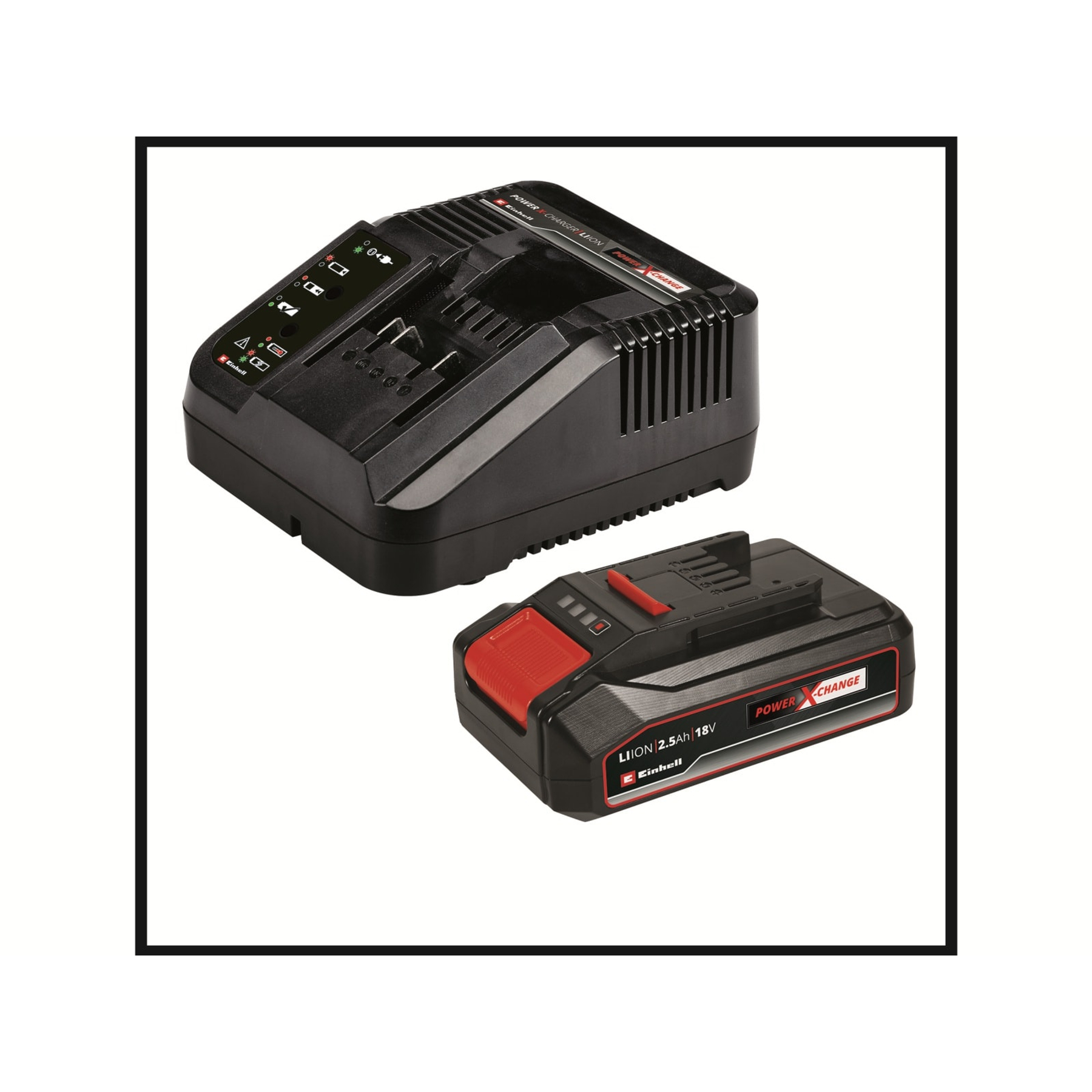 Un cargador de batería negro y una batería con detalles rojos.