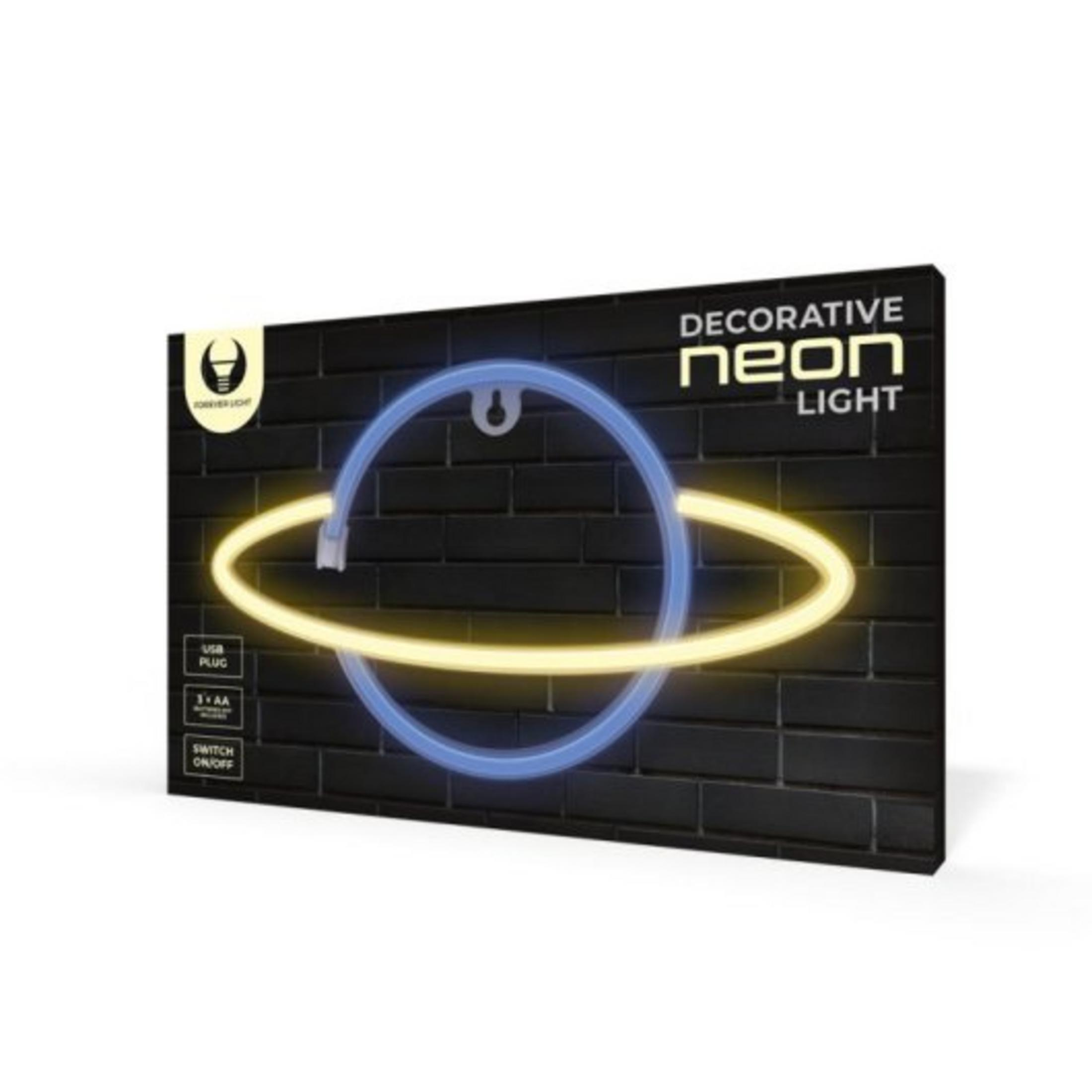 Confezione di luce al neon decorativa con luce ad anello blu e gialla.