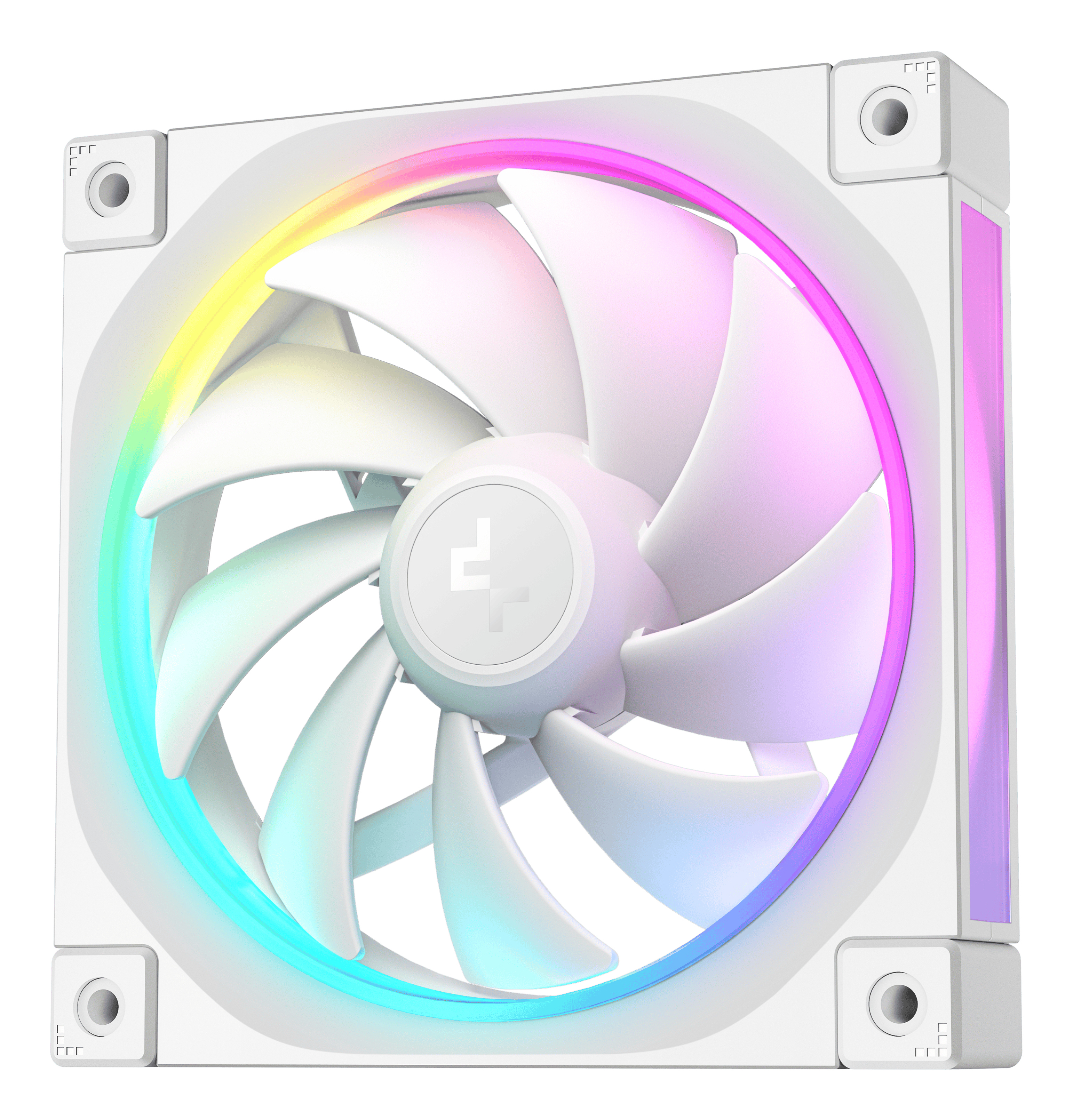Ein weißer Lüfter mit RGB-Beleuchtung, der auf einem weißen Hintergrund steht.