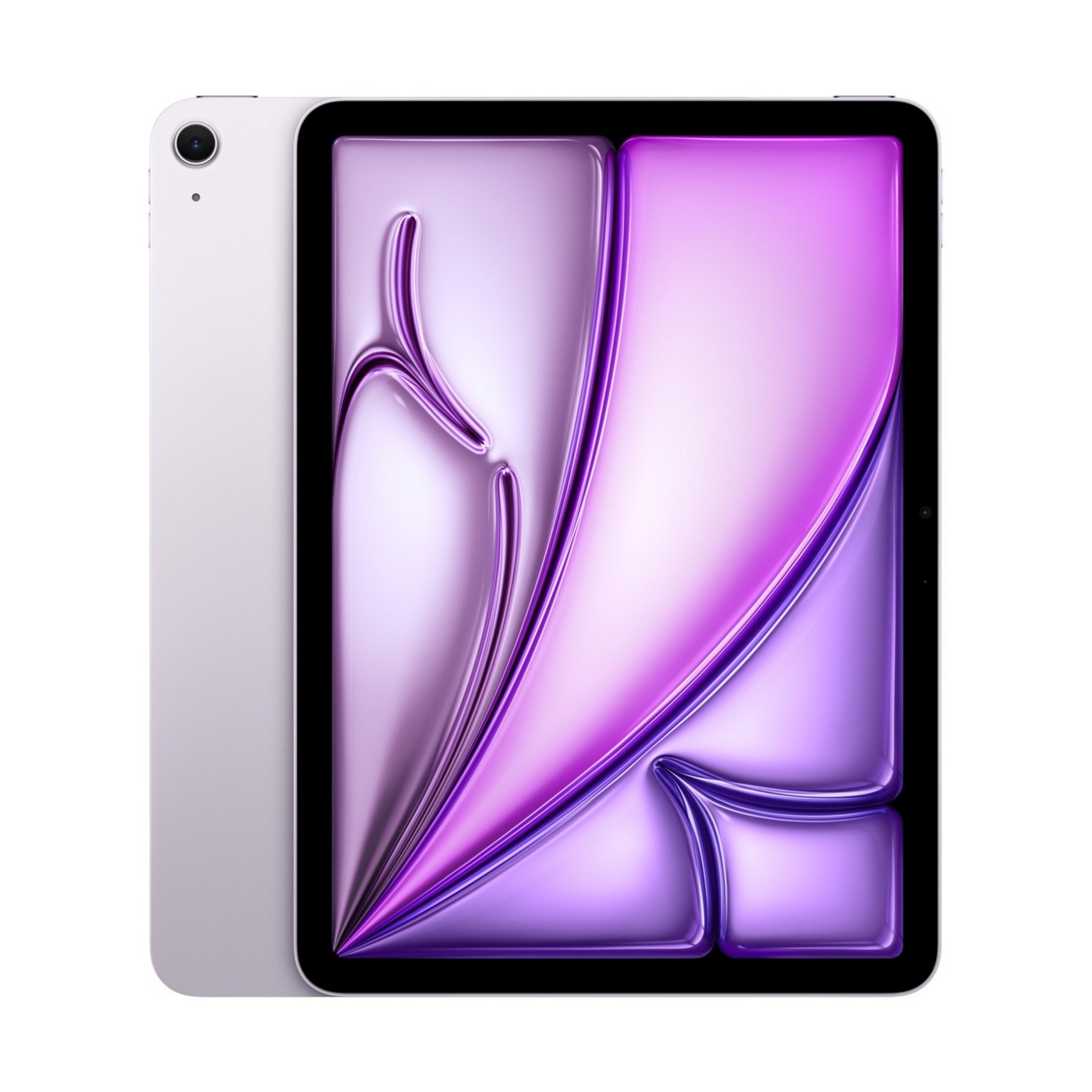 Un tablet viola chiaro con fotocamera posteriore e display di sfondo astratto viola.