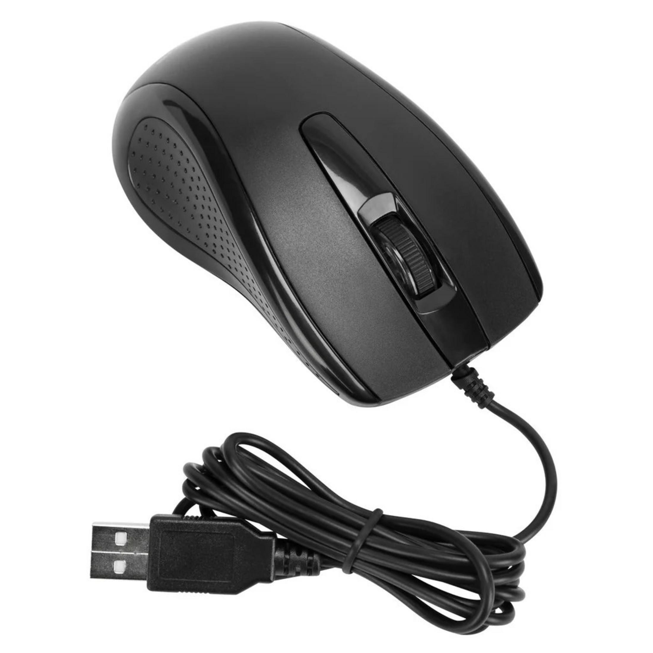 Un mouse USB nero per computer con rotellina di scorrimento e cavo su sfondo bianco.