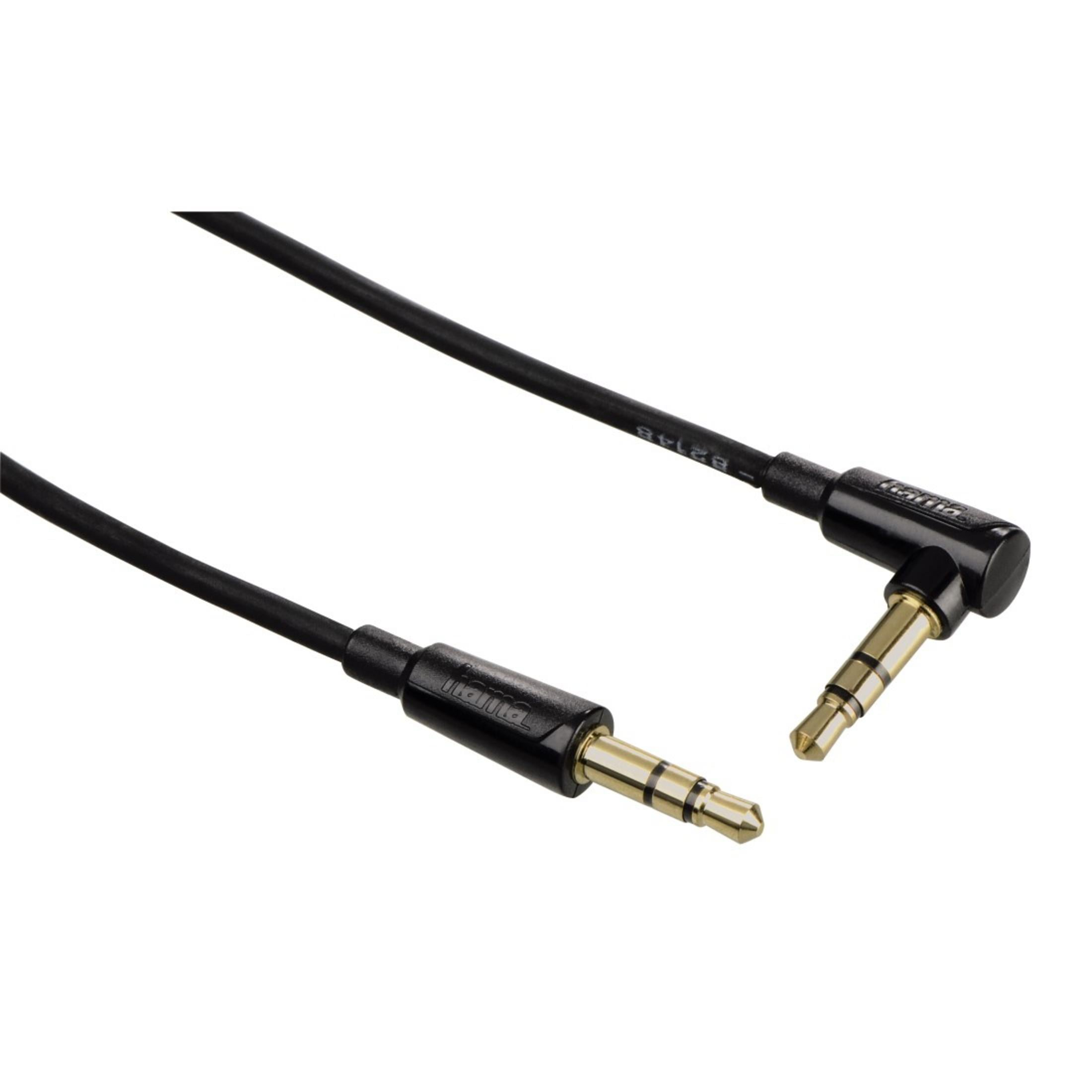 Ein schwarzes Audiokabel mit 3,5-mm-Steckern, einer gerade und eine L-Form.