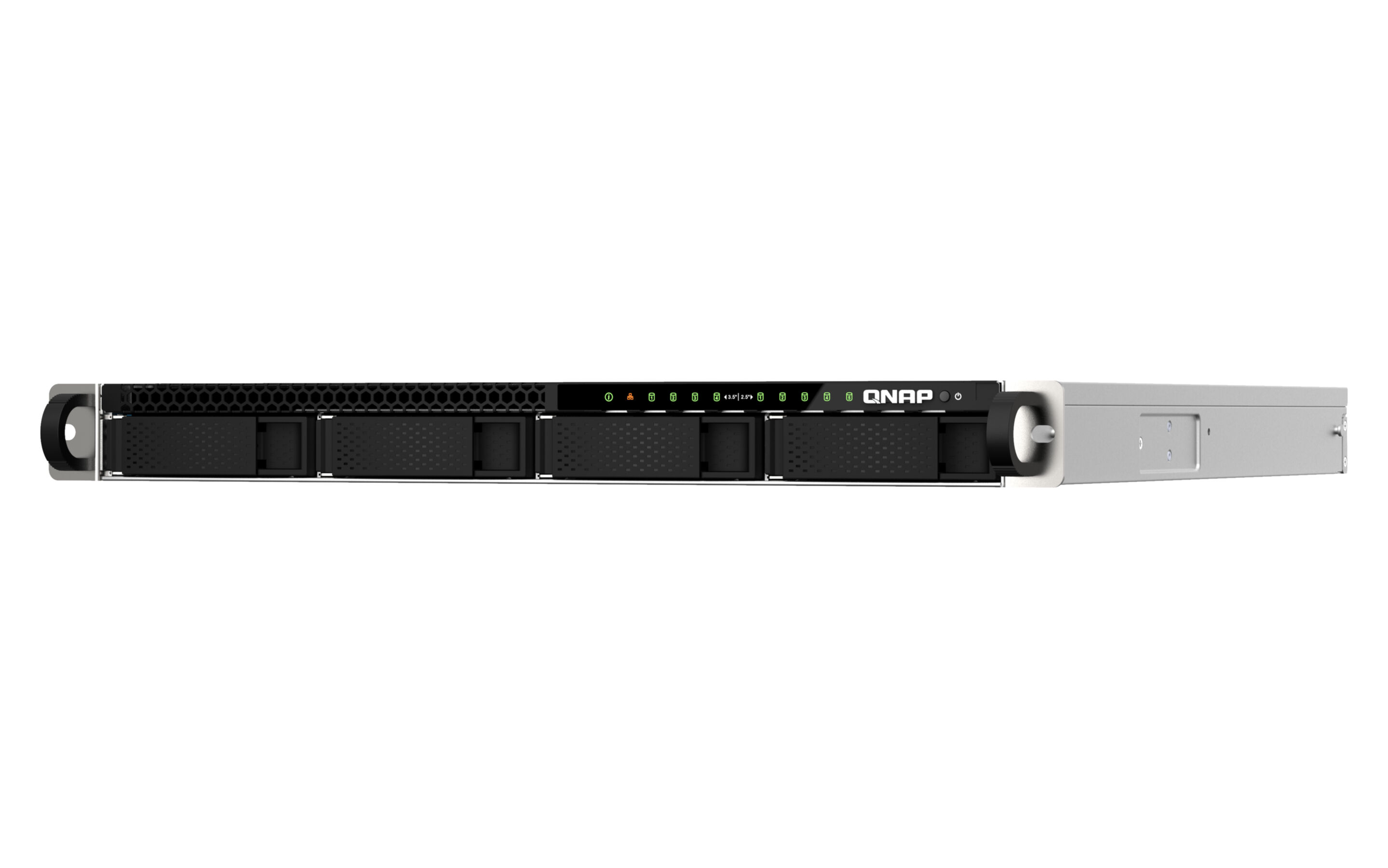 Ein QNAP-Server mit vier Einschüben und Status-LEDs auf weißem Hintergrund.