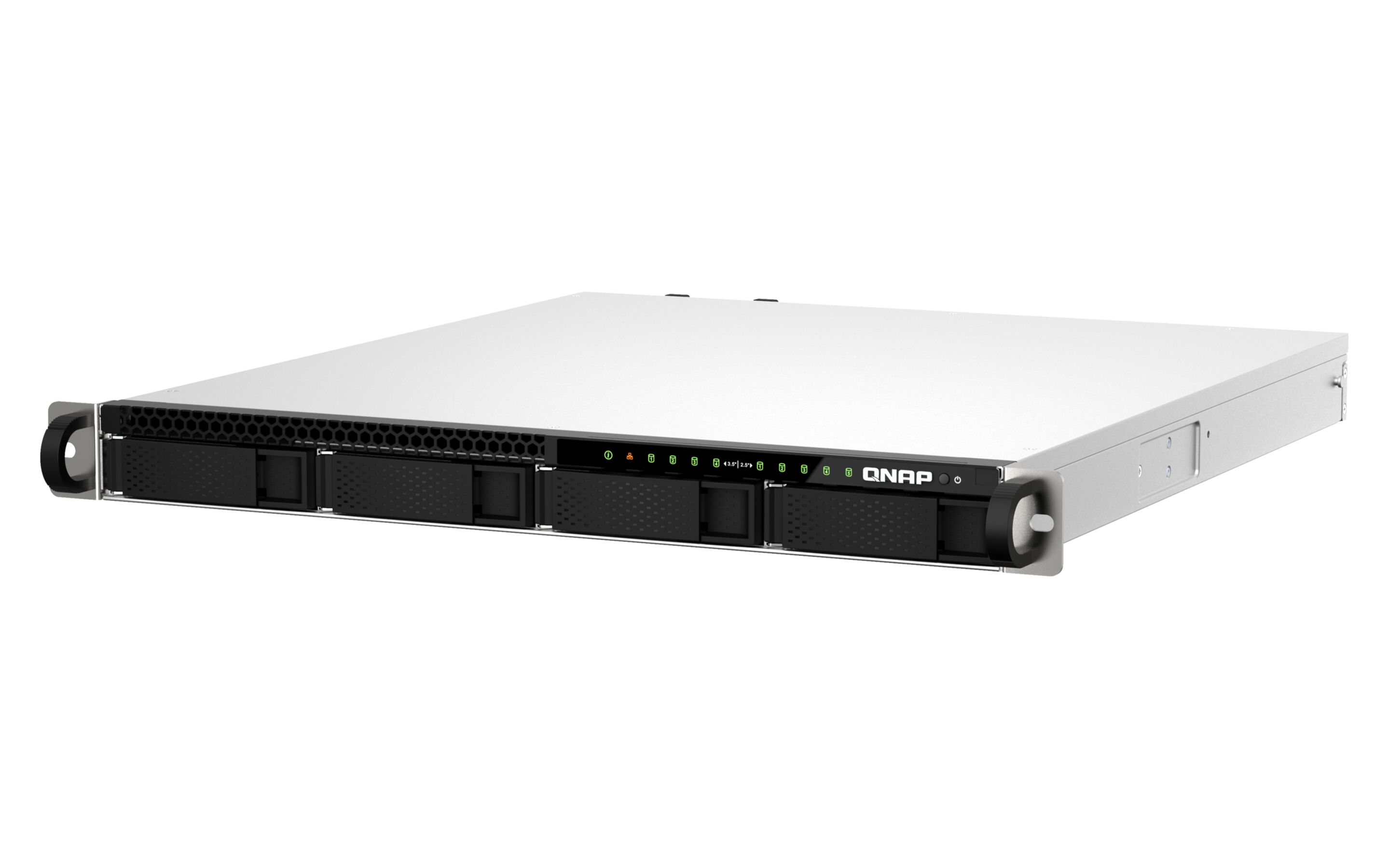 Ein silberner QNAP-Server mit 4 Einschüben und schwarzen Lüftergittern.