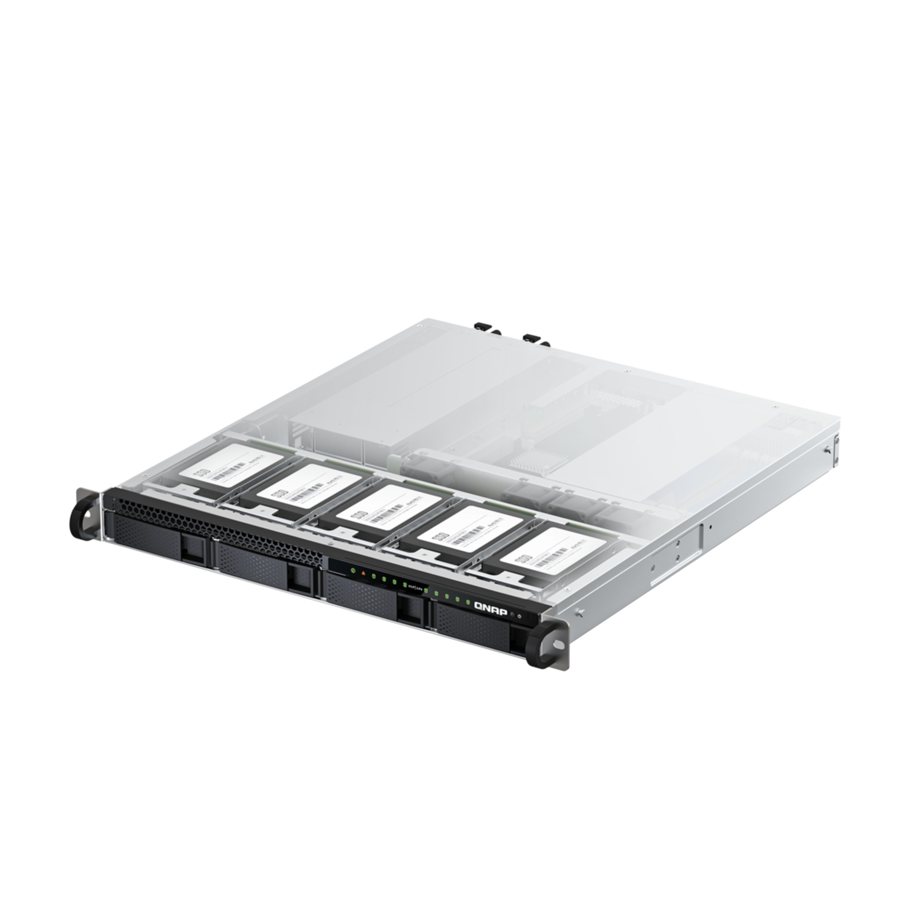 Ein silbernes Rackmount-NAS mit sechs installierten SSDs und einem schwarzen Frontpanel mit Lüftungsschlitzen.