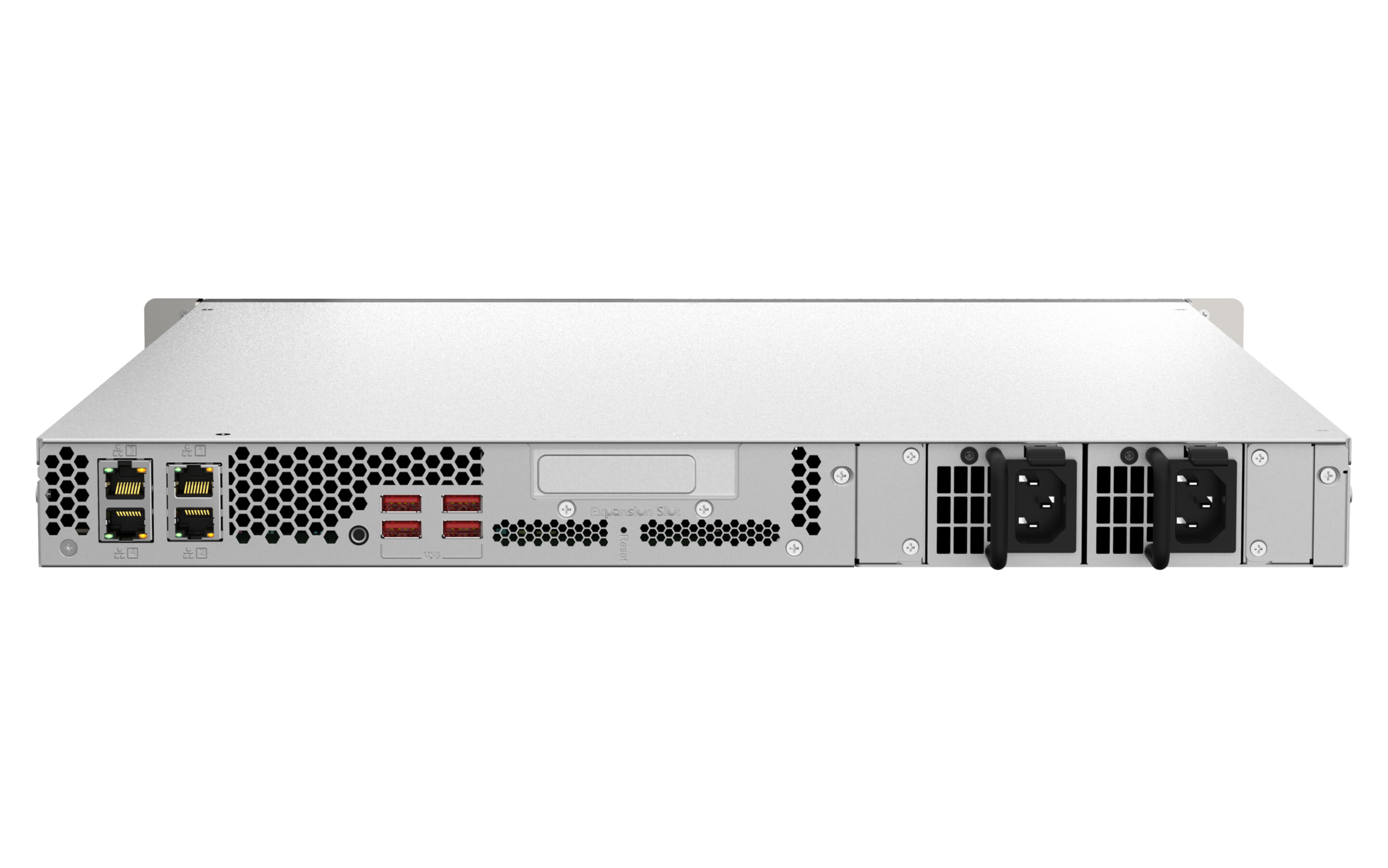 Rückseite eines Servers mit Netzwerkkabelanschlüssen, USB-Ports und Stromanschlüssen.