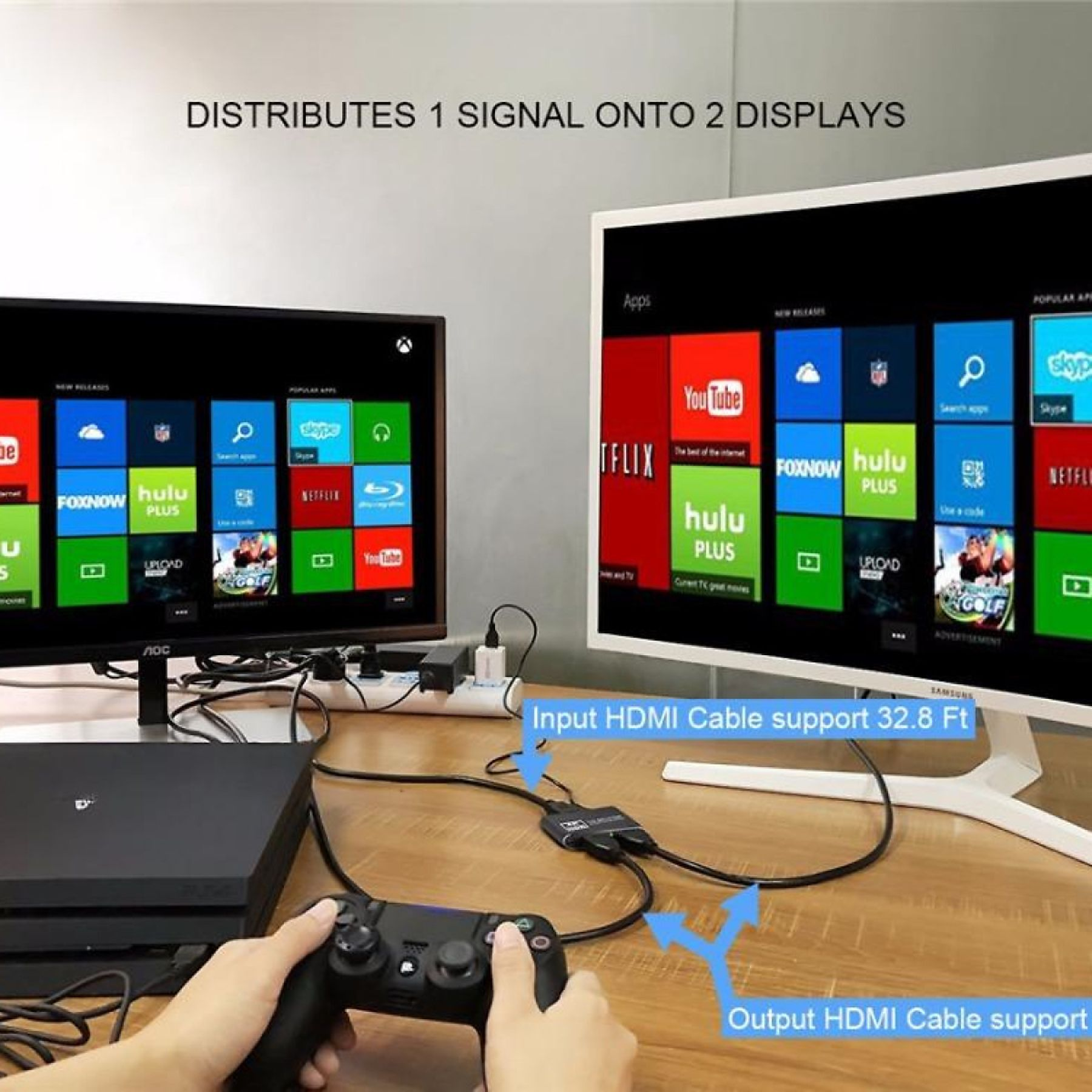 Ein HDMI-Splitter verteilt ein Signal auf zwei Monitore mit Spielekonsolen.