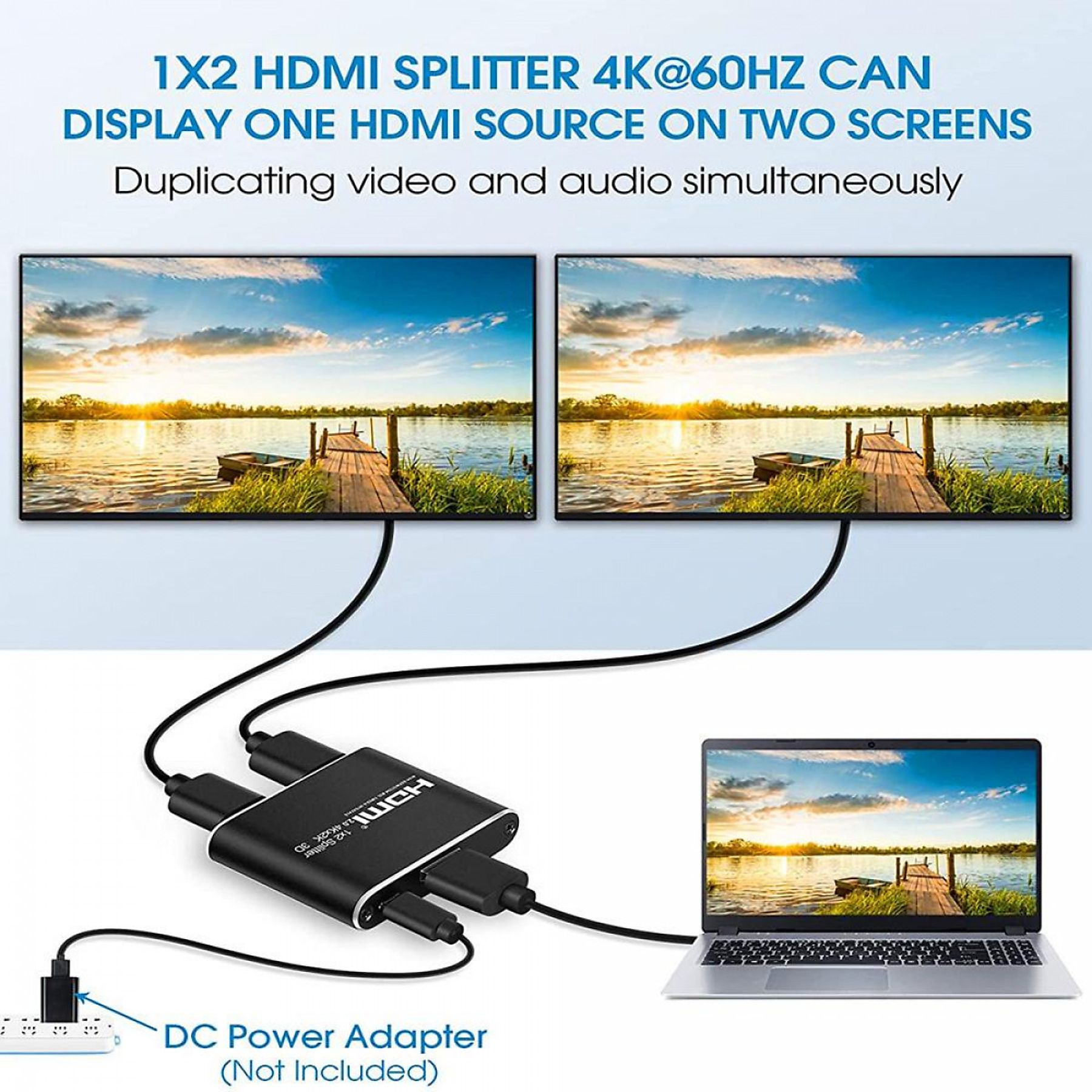 HDMI-Splitter mit Laptop und zwei Bildschirmen, die eine Landschaftsszene zeigen.