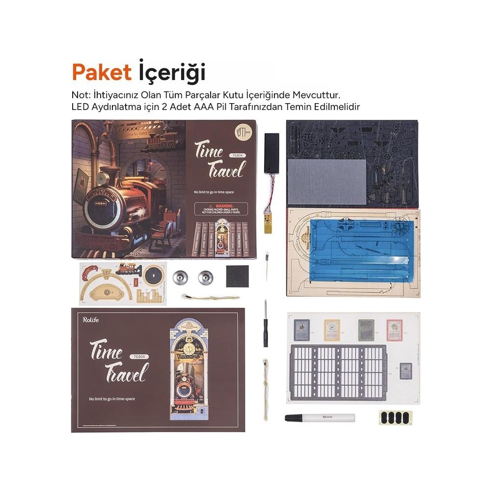 Zaman yolculuğu treni, aletler ve küçük parçalar içeren bir model kit.