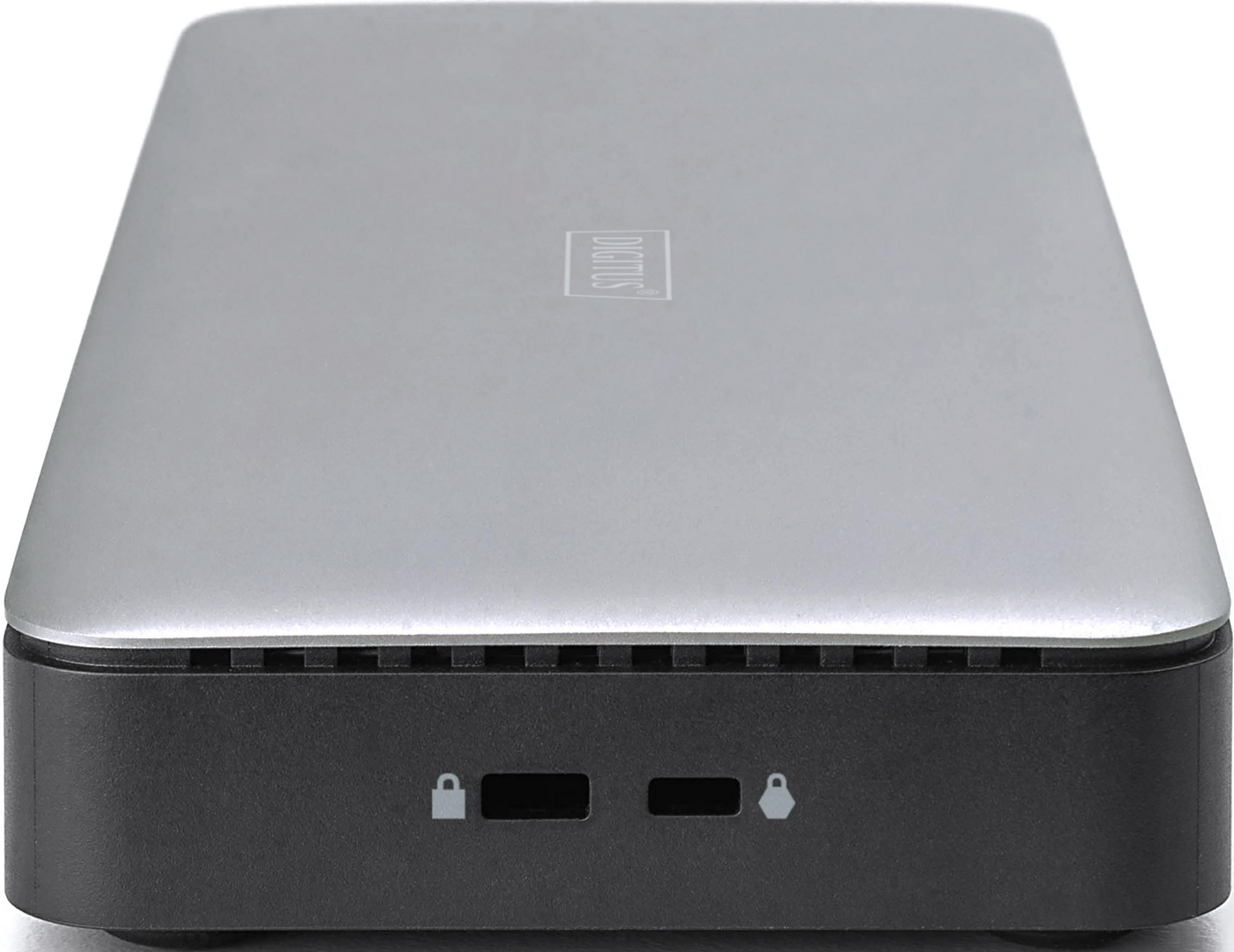 Un dispositivo Digitus argentato con due porte USB e un'icona a lucchetto.