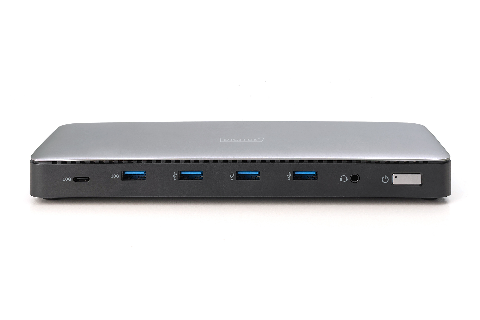 Hub DigitUS argento e nero con USB-C, USB-A, jack cuffie e pulsante di accensione.