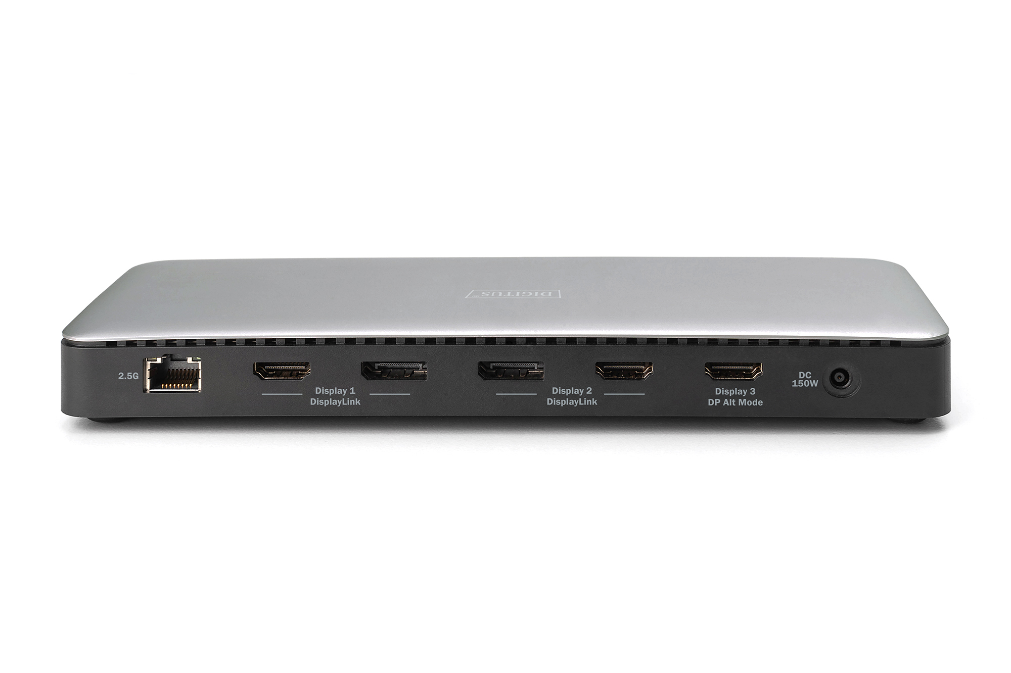 Docking station argentata con 3 display port, 1 porta LAN e ingresso alimentazione CC.