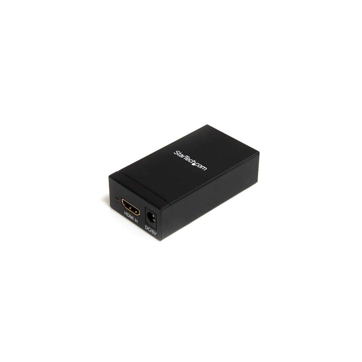 Schwarzer HDMI-Adapter mit HDMI-Eingang und DC-5V-Anschluss.