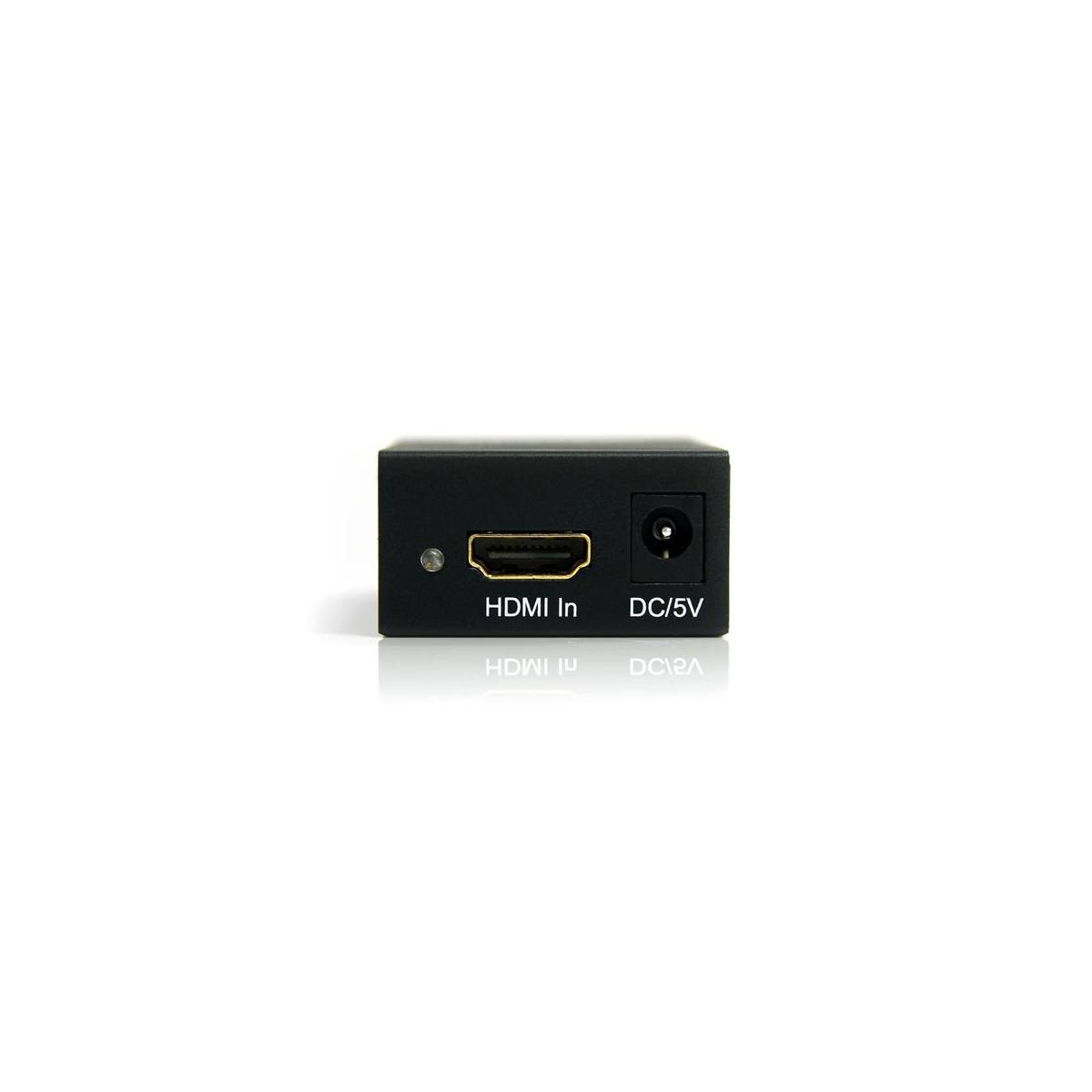 Schwarzer Adapter mit HDMI-Eingang und DC/5V-Anschluss.